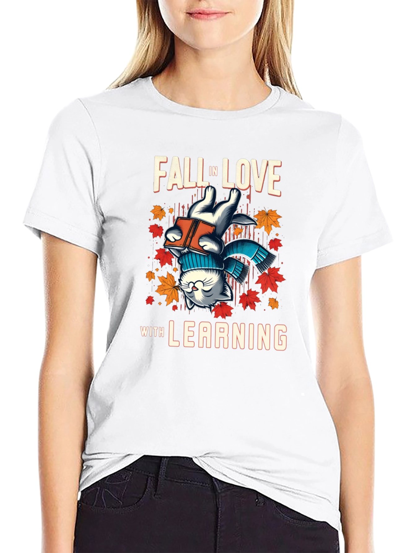 Black Fall in Love with Learning Cat T-Shirt view 9