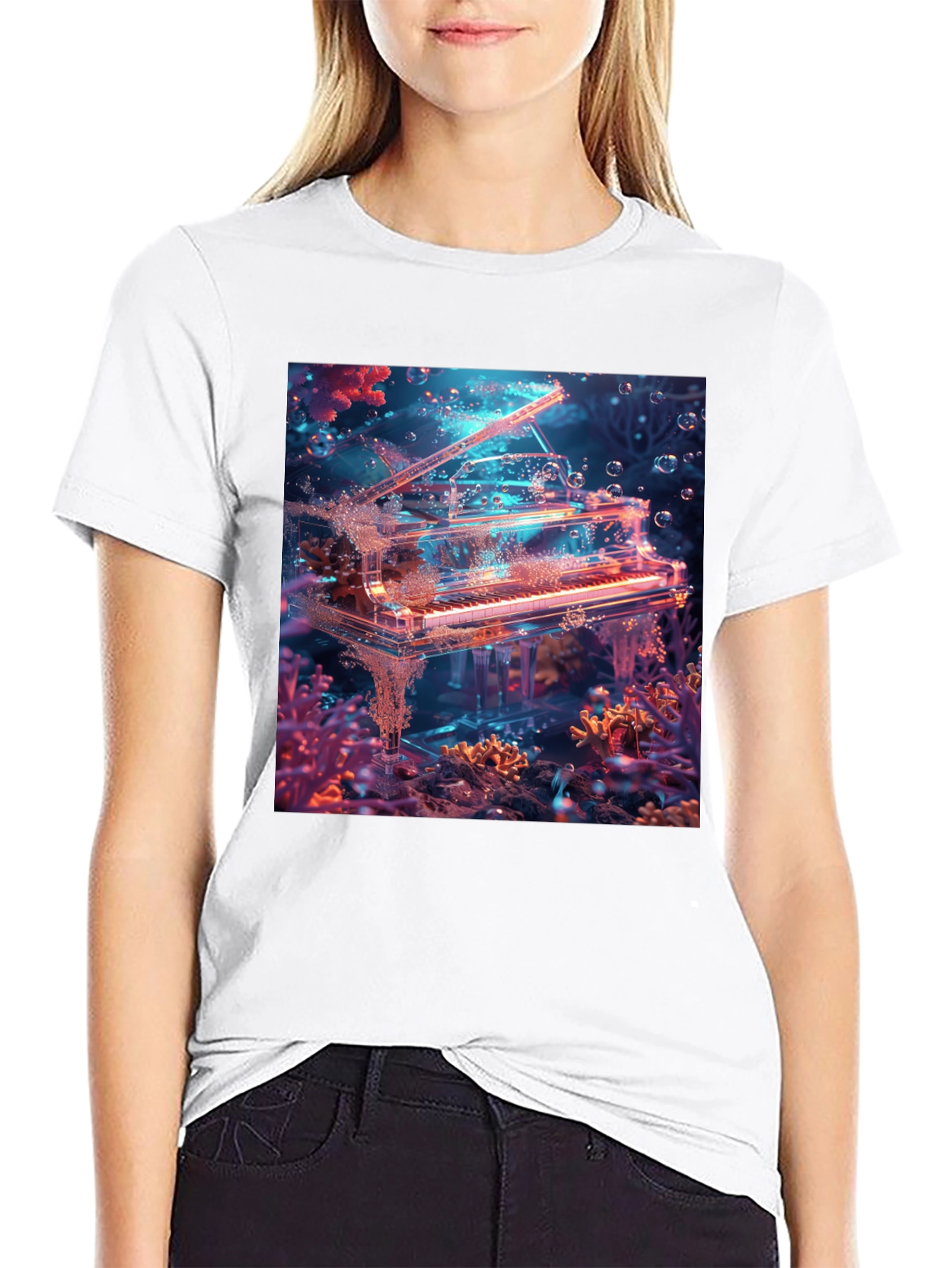 Black Underwater Piano Graphic Tee - Unique Design view 9