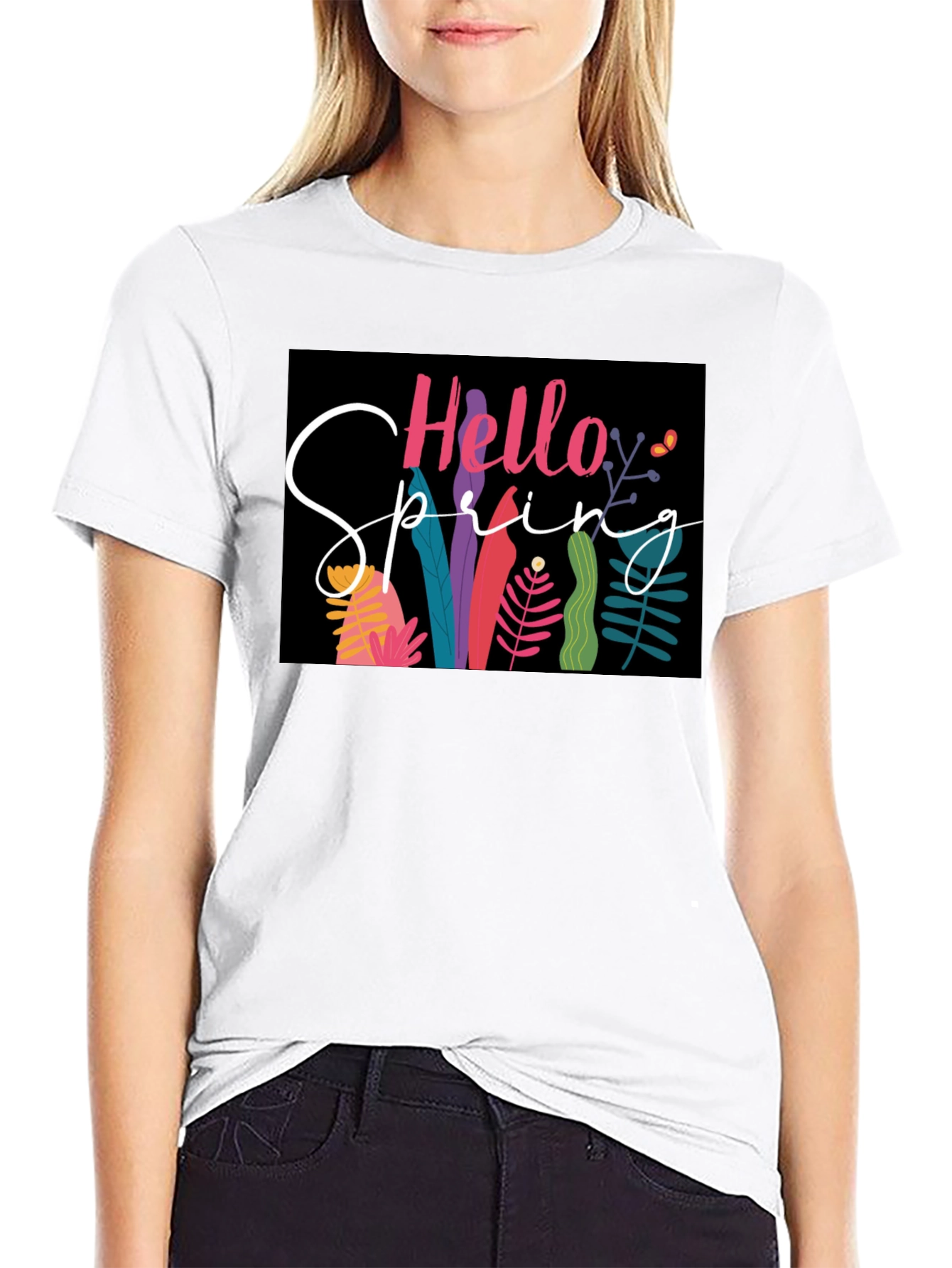 Black Hello Spring Graphic Tee - Black Cotton Casual view 9