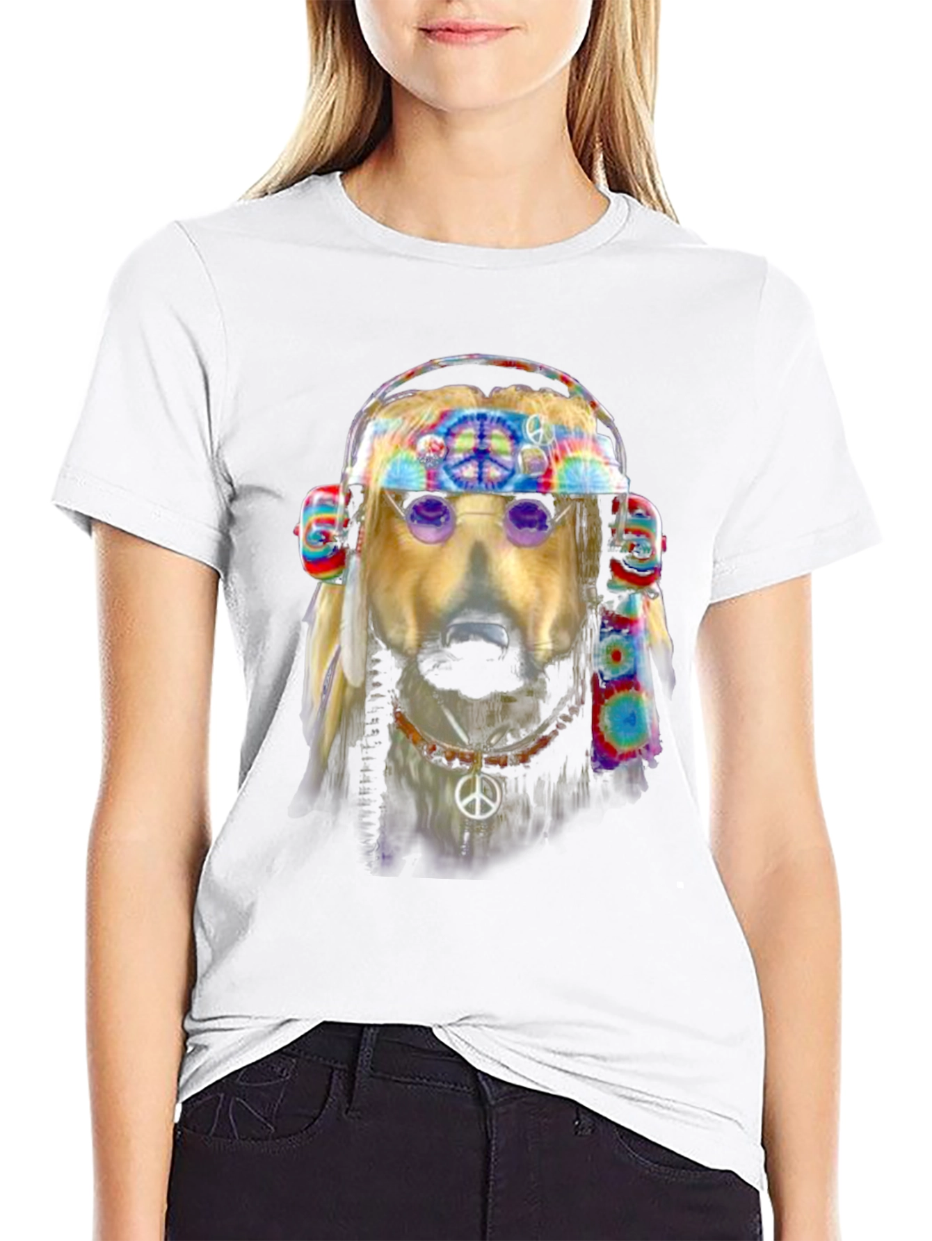 Black Hippie Dog Graphic T-Shirt - Peace & Love view 9