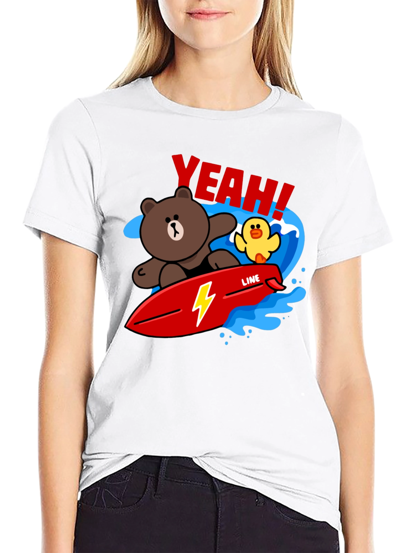 Black Cartoon Bear Surfing Graphic T-Shirt view 9