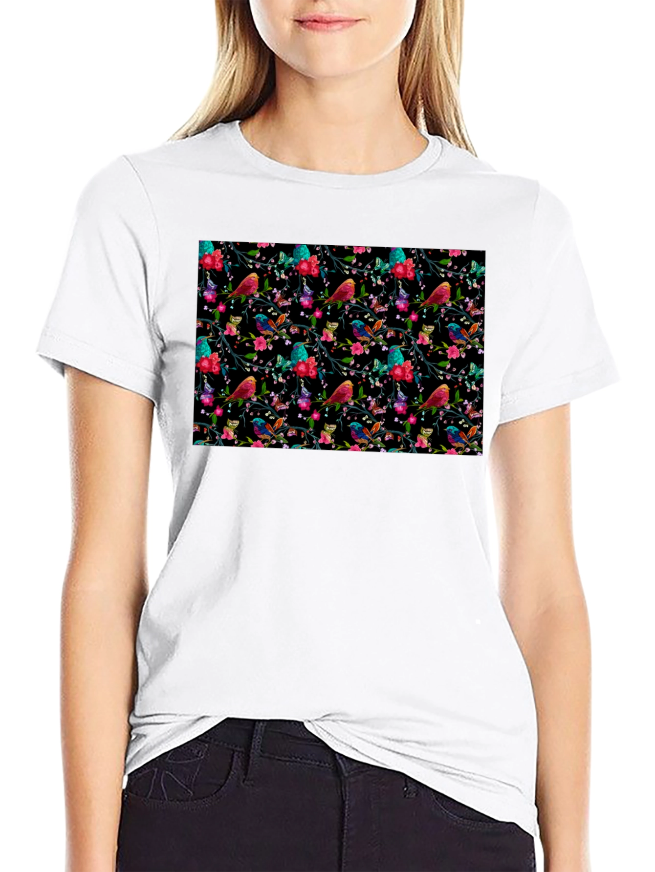 Black Floral Bird Print Black Tee view 9