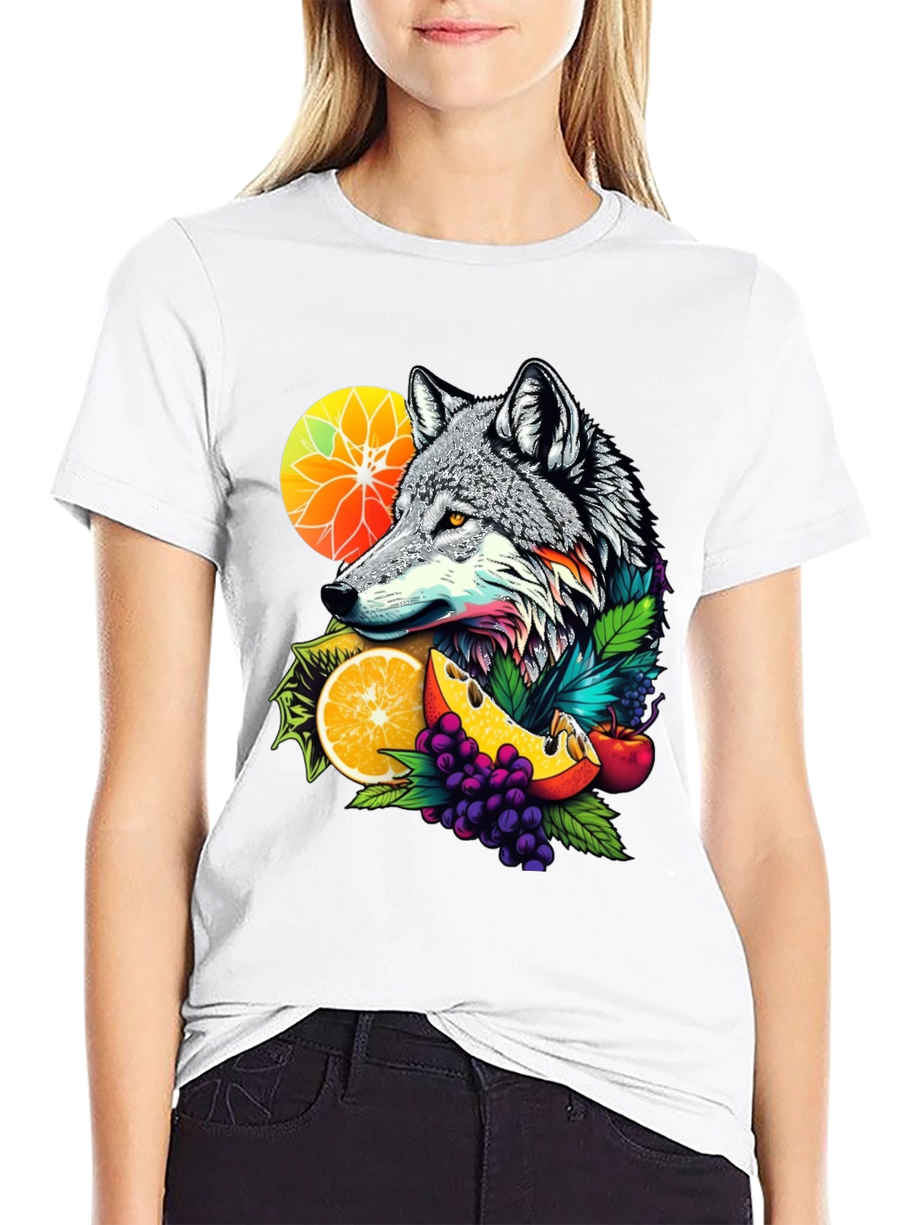 Black Wolf & Fruit Graphic Black T-Shirt view 9