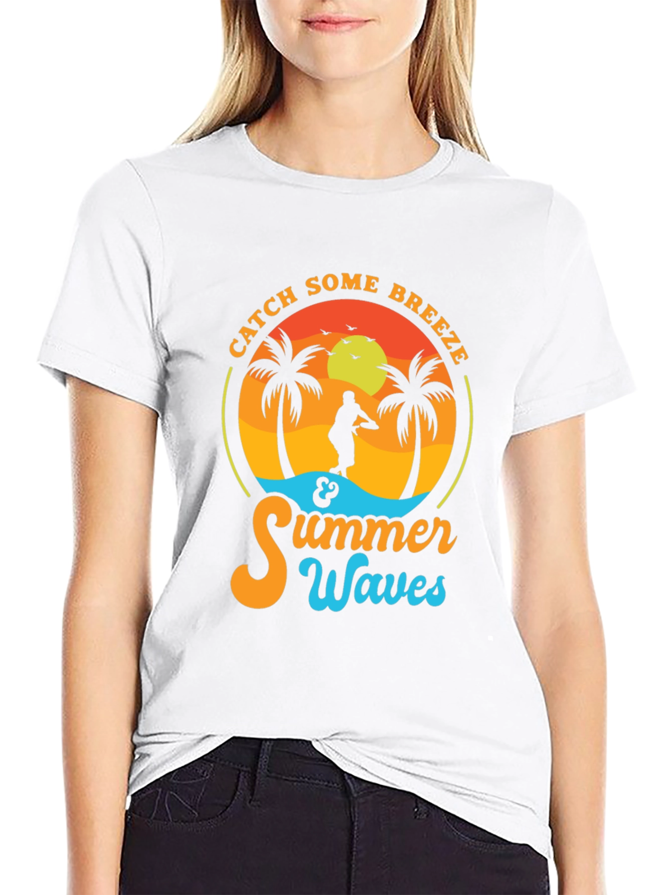 Black Catch Some Breeze Summer Waves Graphic Tee view 9