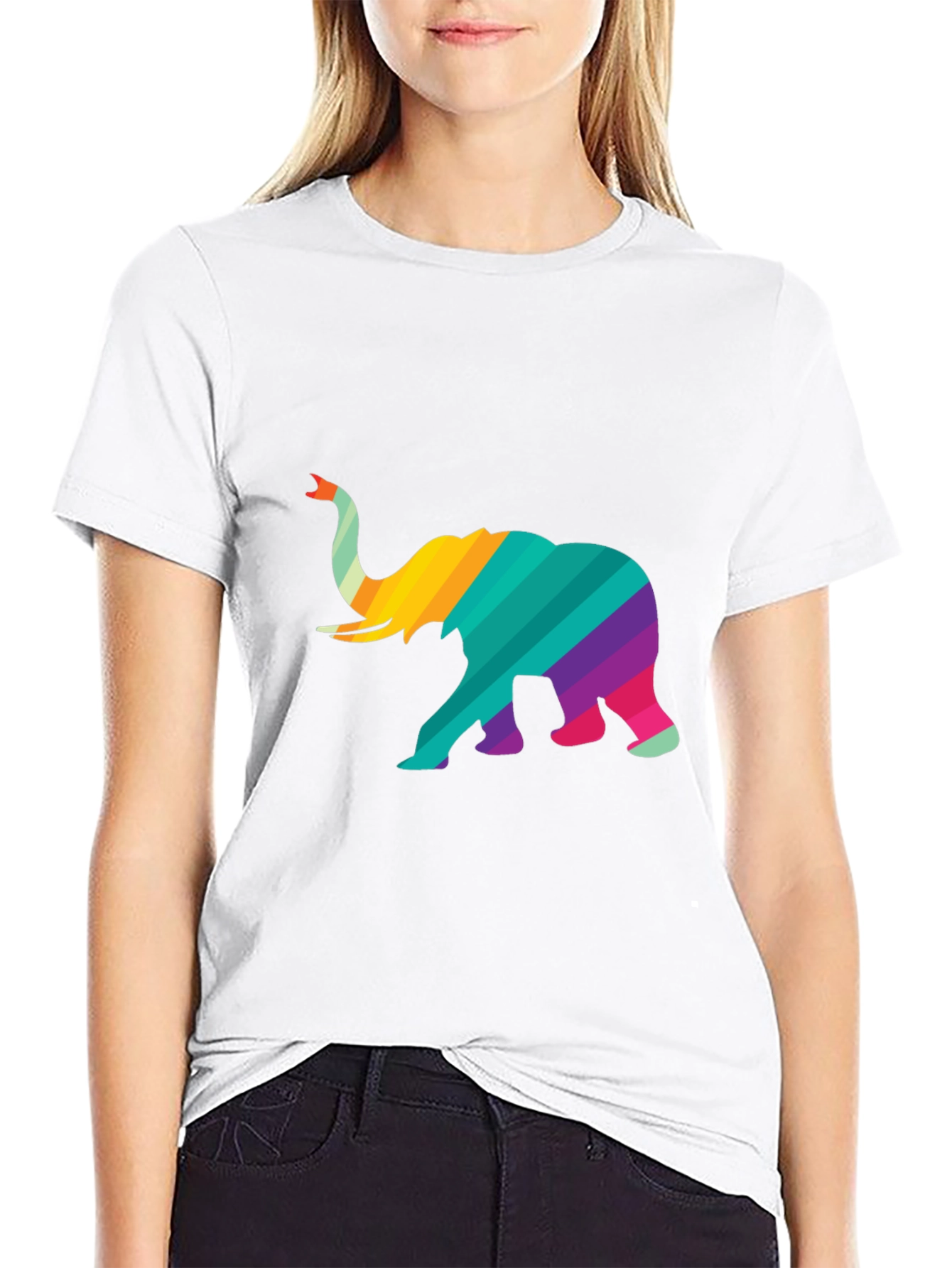 Black Rainbow Striped Elephant Graphic Tee - Unique Design view 9