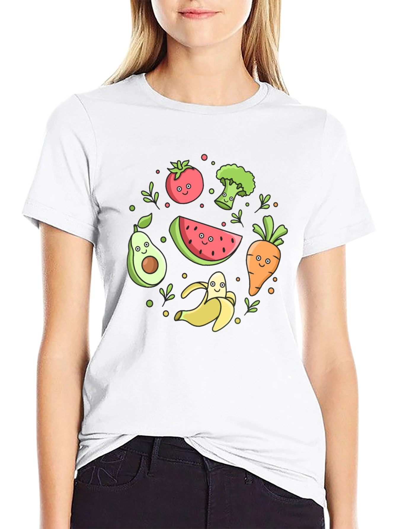Cute Cartoon Fruits and Veggies Graphic Tee - 9