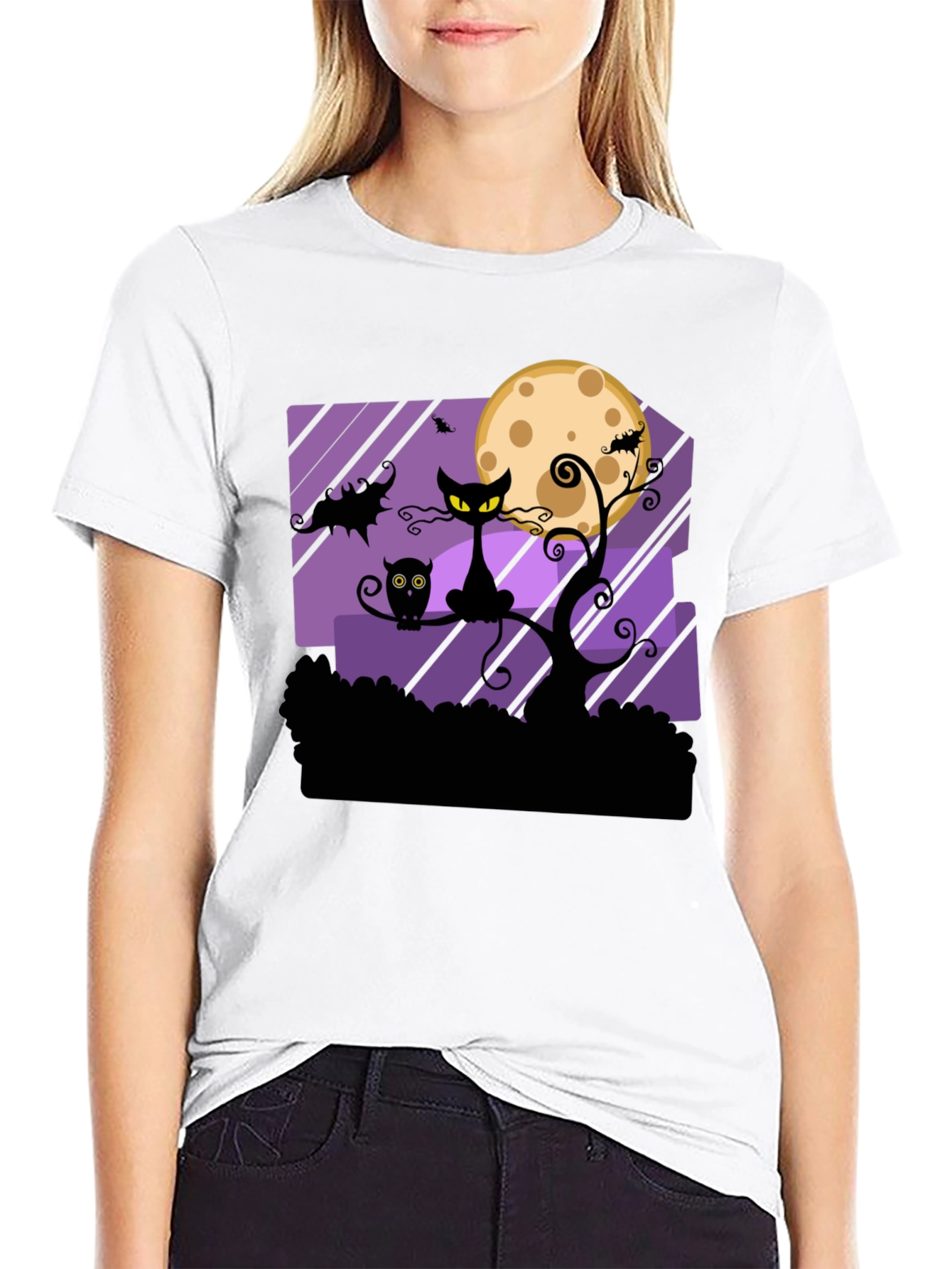 Black Halloween Black Cat & Moon Graphic T-Shirt view 9