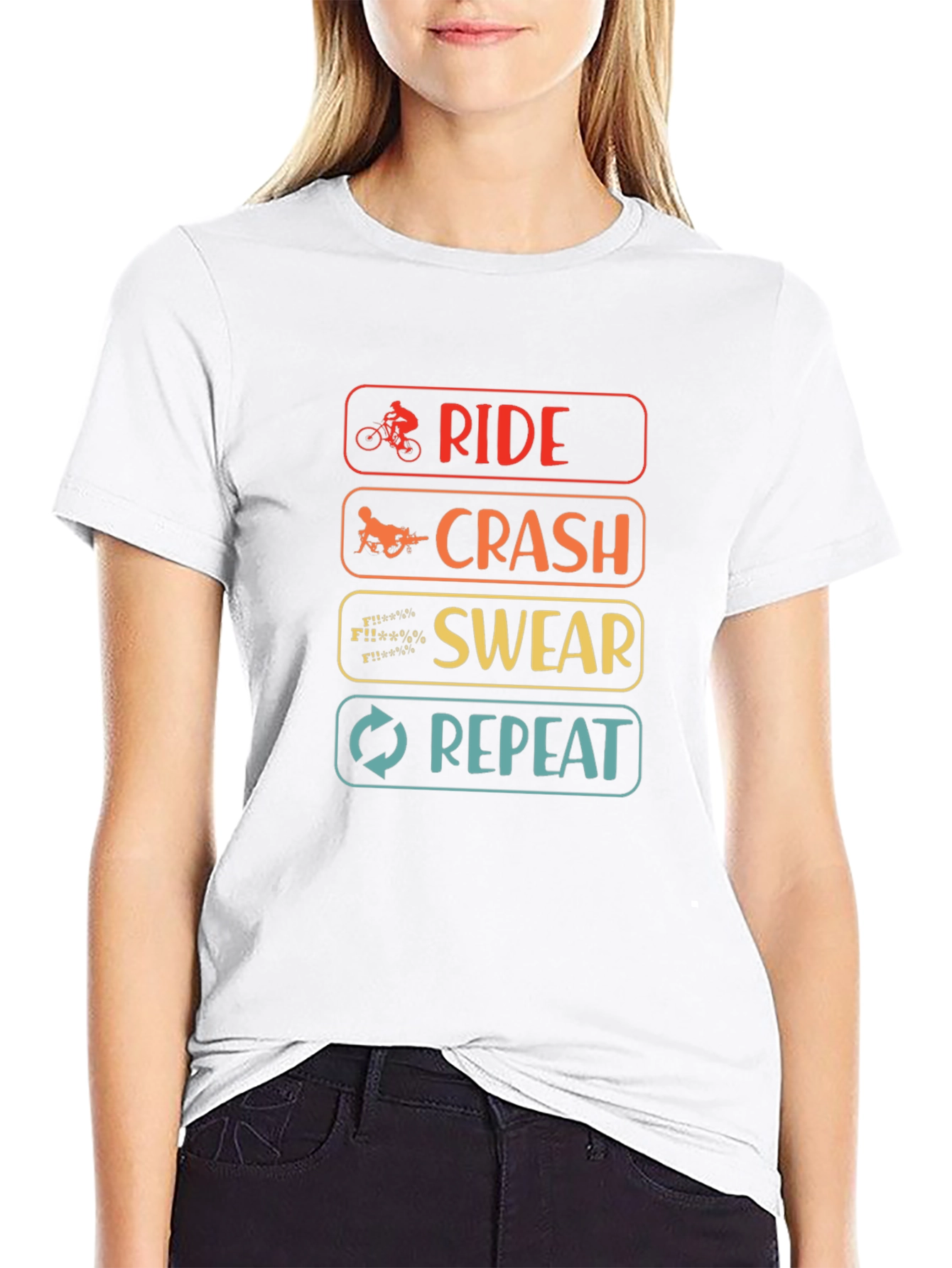 Black Ride Crash Swear Repeat T-Shirt - Mountain Bike Humor Tee view 9