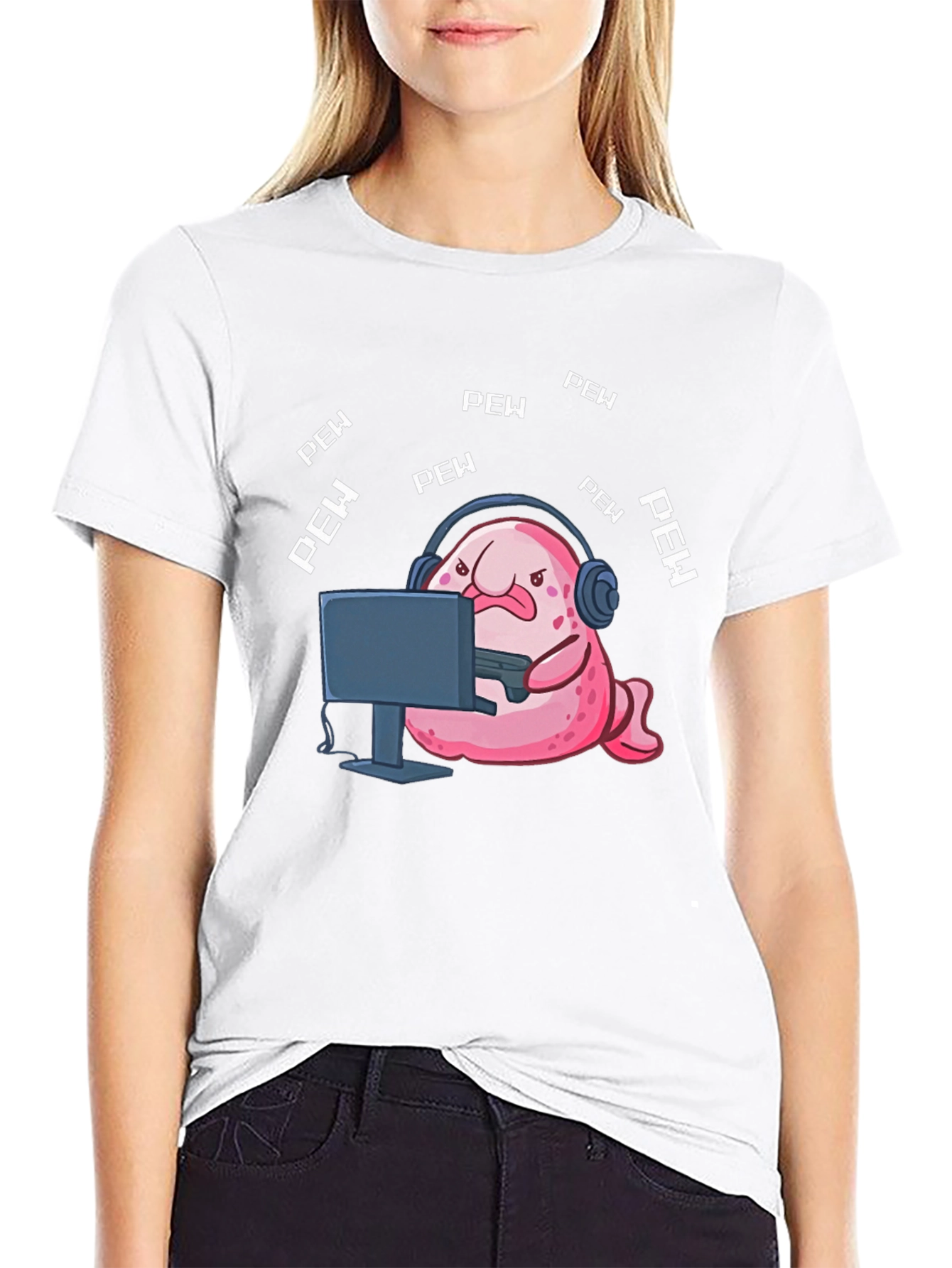 Black Gamer Blobfish T-Shirt - Pew Pew Funny Tee view 9