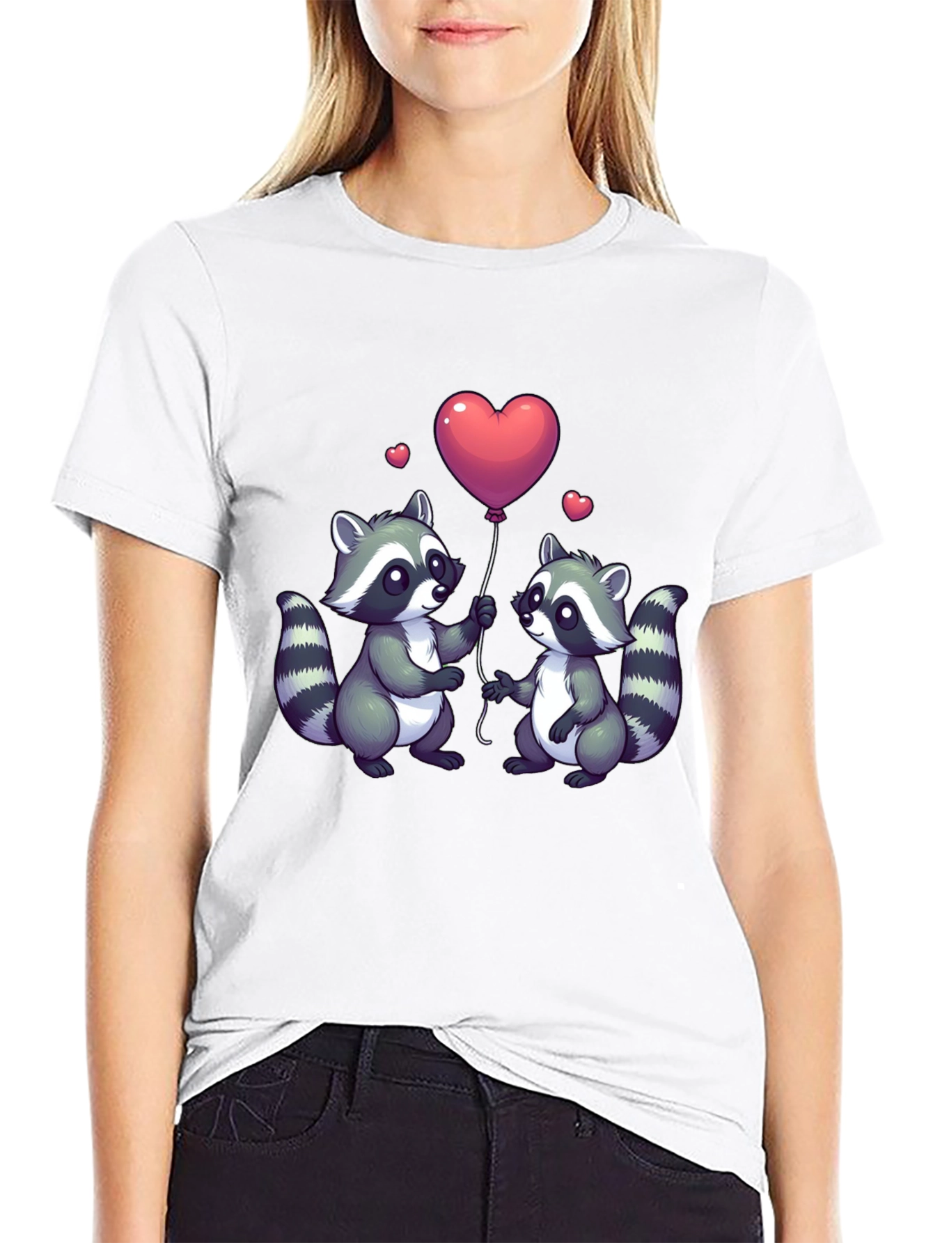 Black Cute Raccoon Love Balloon Graphic T-Shirt view 9
