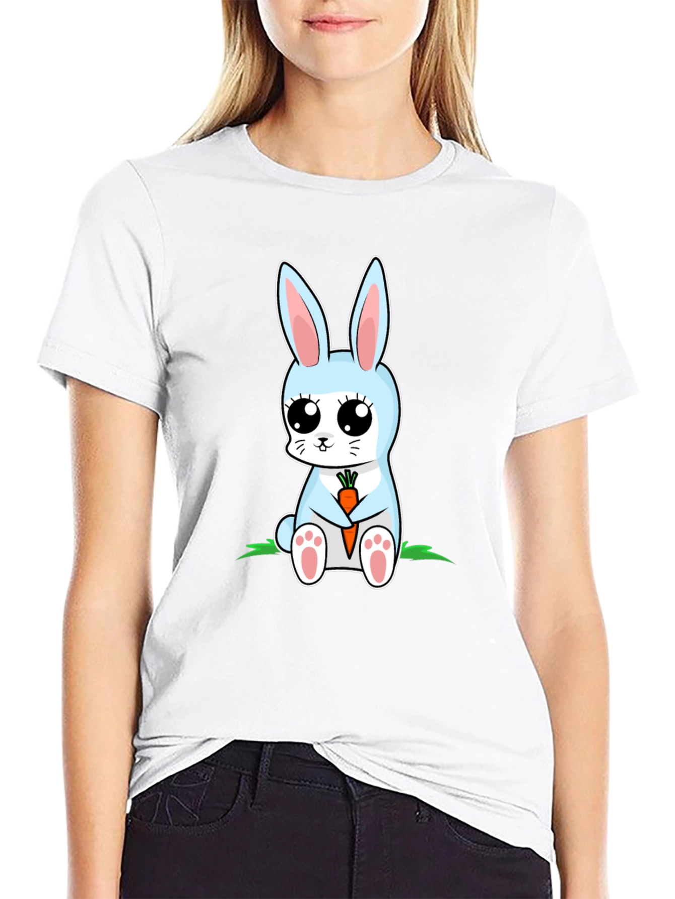 Black Cute Bunny Holding Carrot Graphic T-Shirt view 9