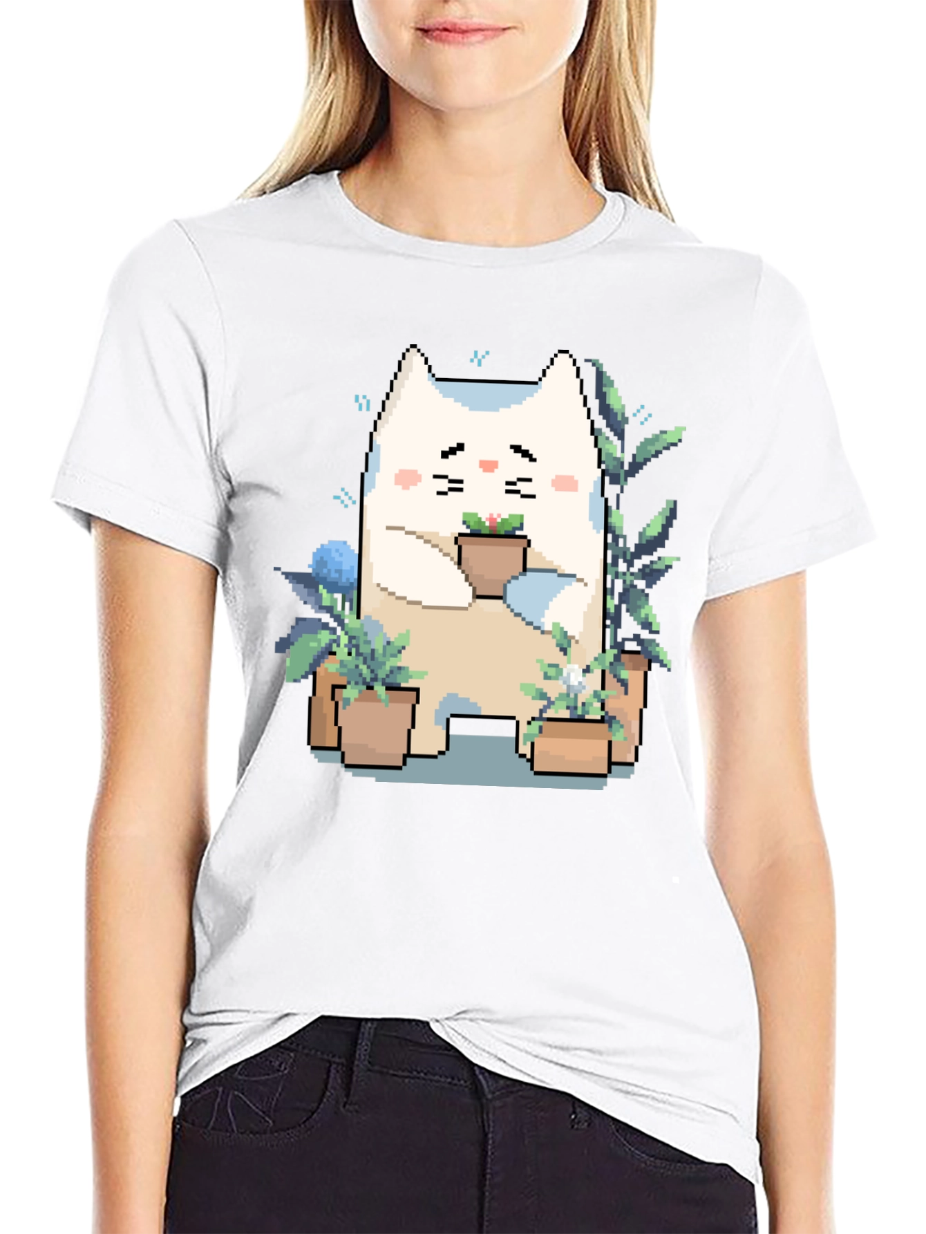 Black Cute Pixel Cat with Plants Black T-Shirt view 9