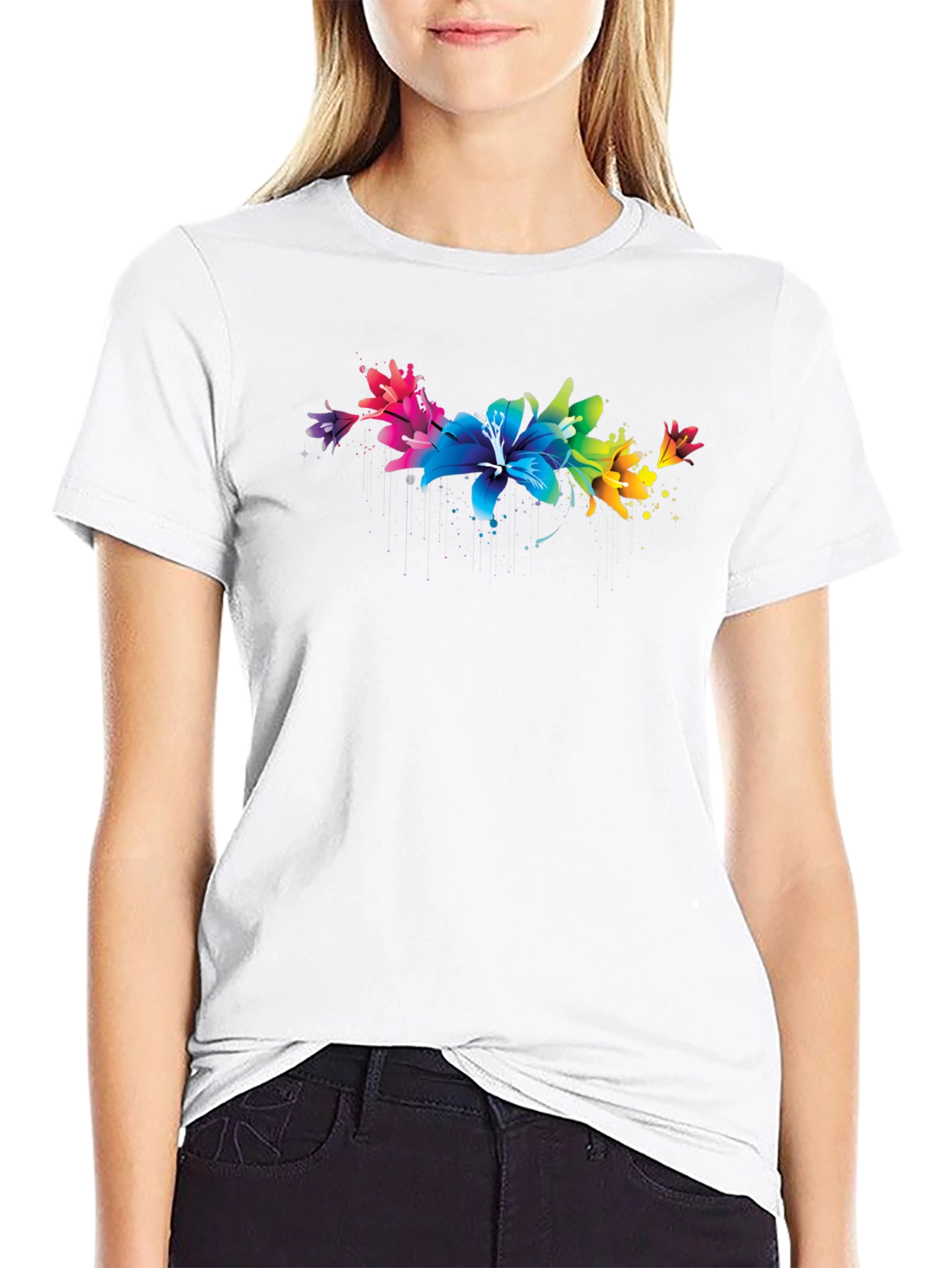 Black Rainbow Lily T-Shirt - Vibrant Floral Design view 9