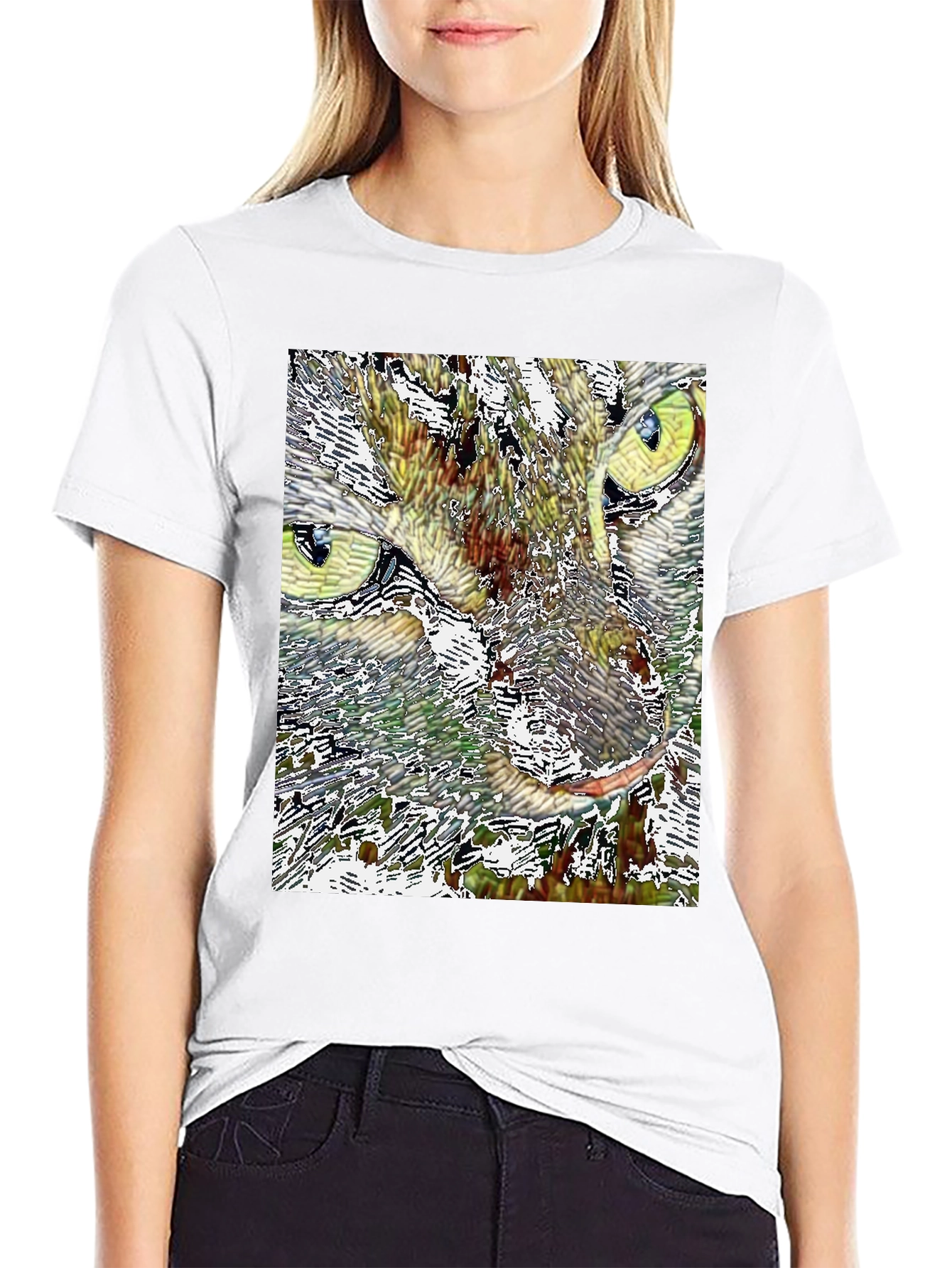 Black Abstract Cat Face Graphic Print Black T-Shirt view 9