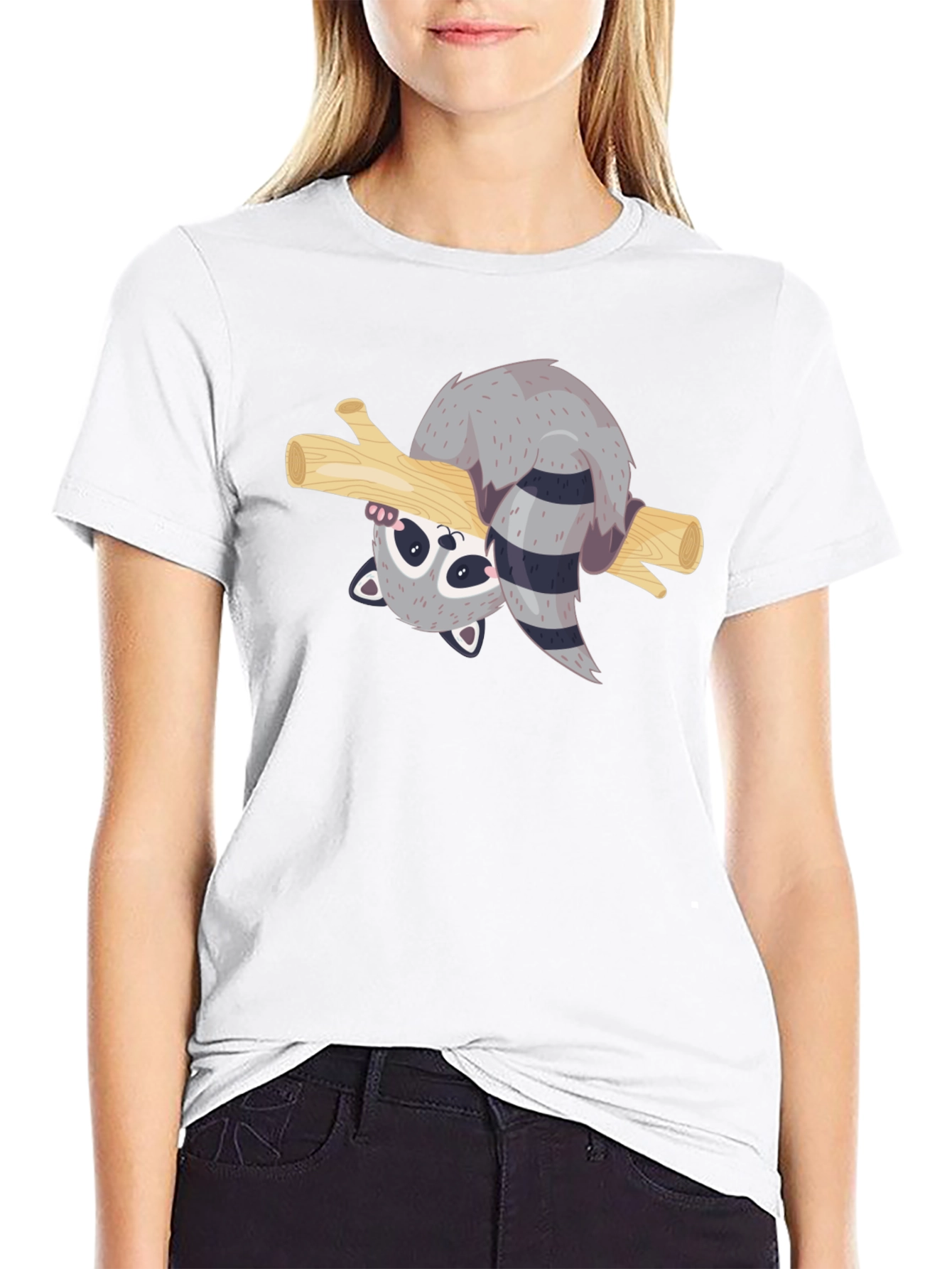 Black Cute Raccoon on Branch Black T-Shirt view 9