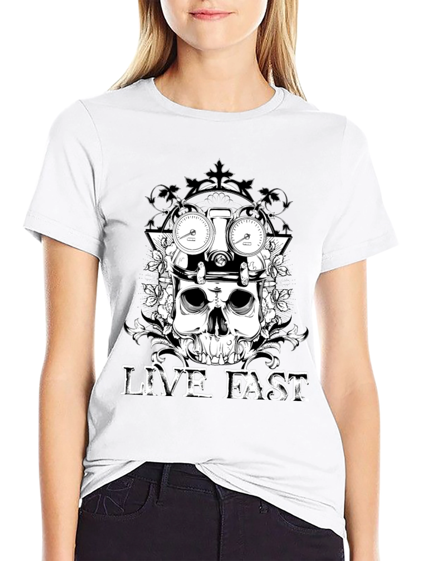 Black Live Fast Skull Graphic Tee - Black Cotton T-Shirt view 9
