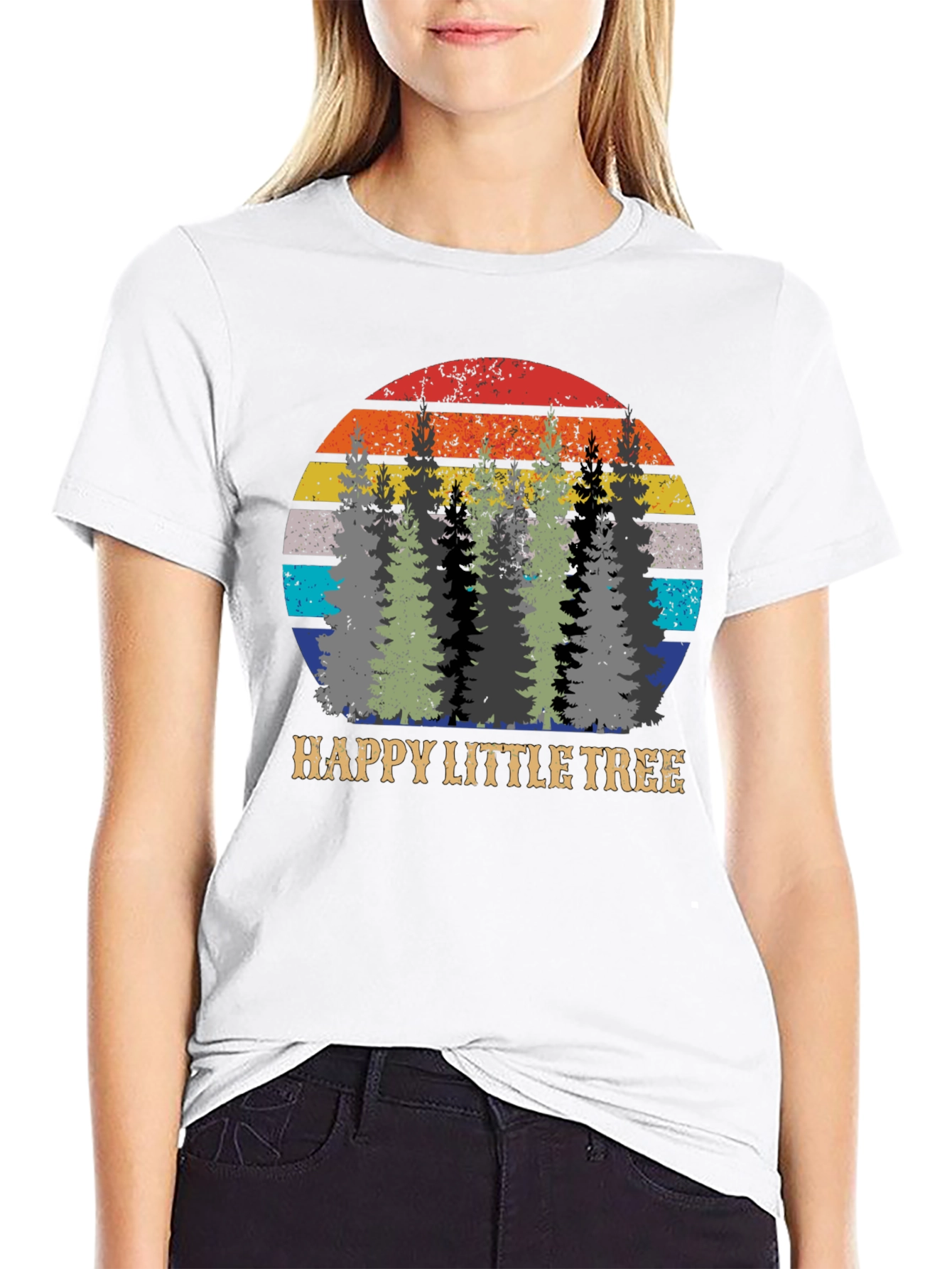 Black Happy Little Tree Retro Sunset Graphic Tee view 9