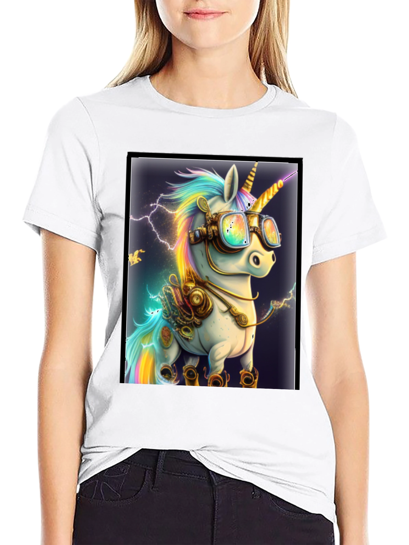 Black Steampunk Unicorn Graphic T-Shirt view 9