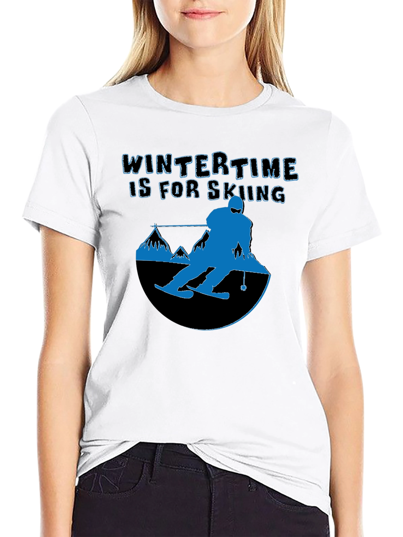 Black Winter Skiing Graphic Tee - Black Cotton T-Shirt view 9