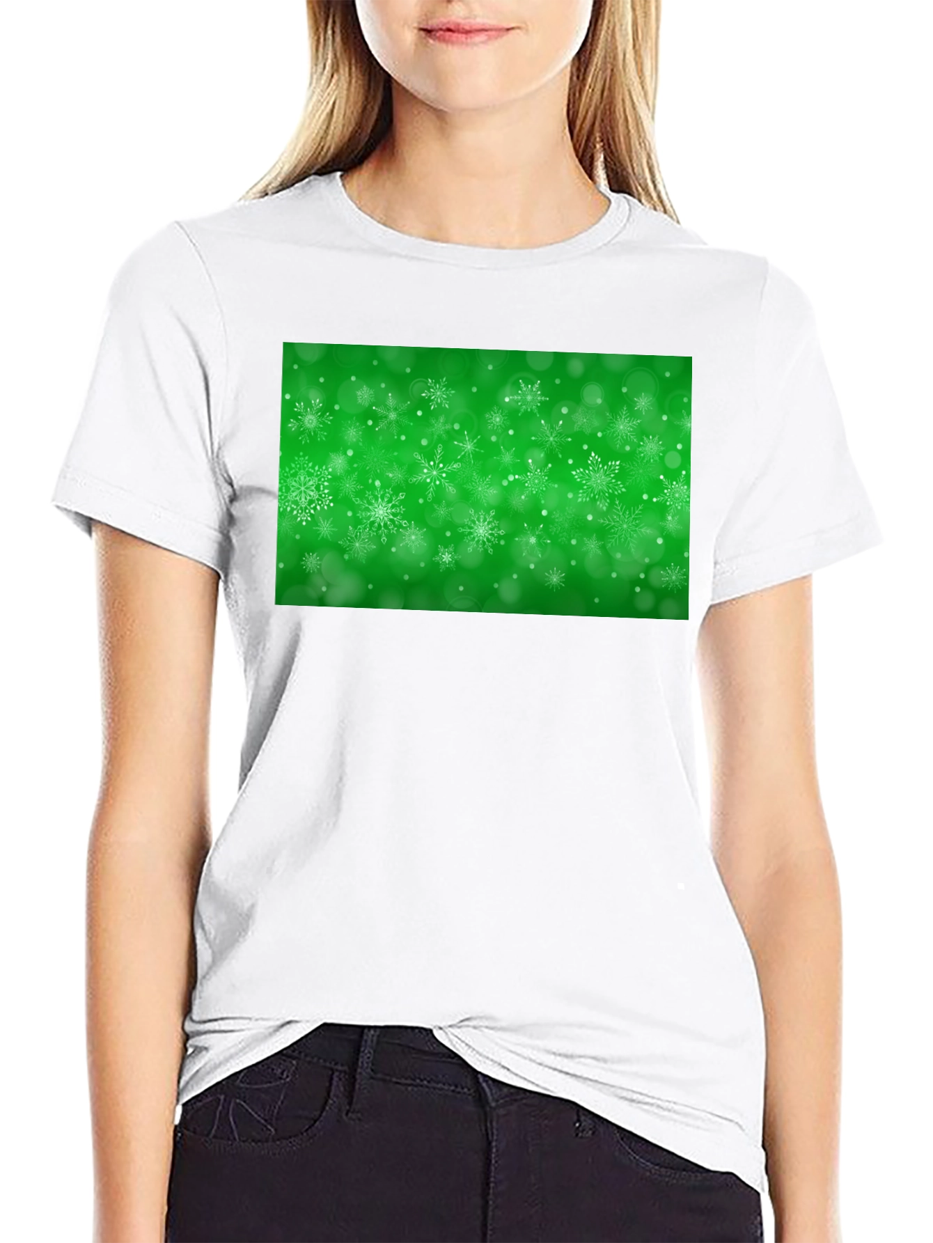 Black Snowflake Festive Green Holiday T-Shirt view 9
