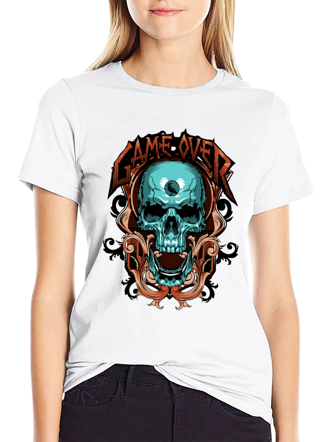 Black Game Over Skull Graphic Black T-Shirt view 9