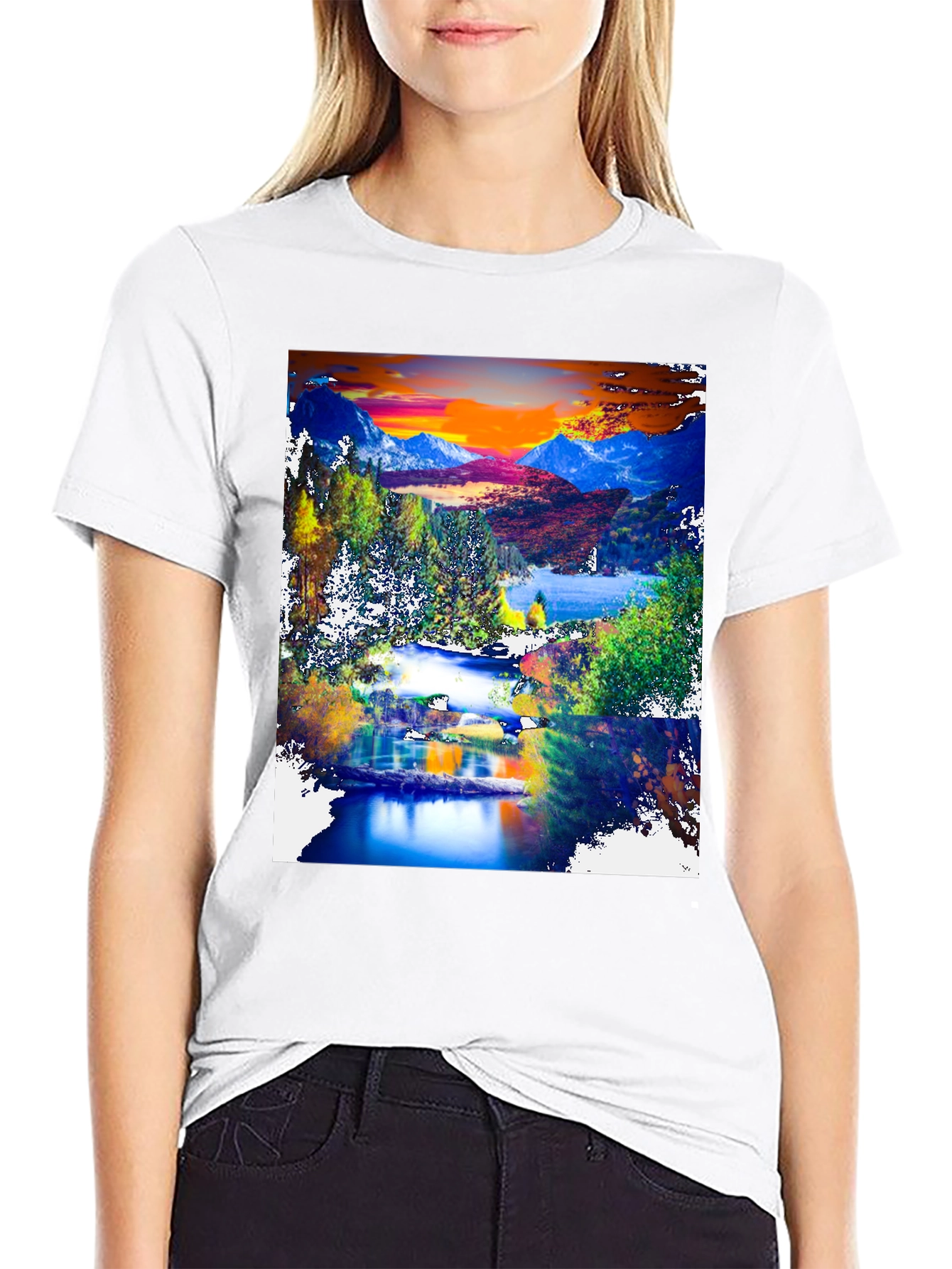 Black Nature's Canvas Tee: Mountain Lake Design view 9