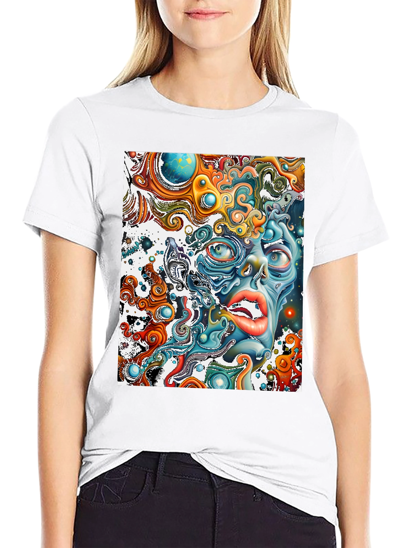 Black Surreal Face Graphic T-Shirt - Black view 9