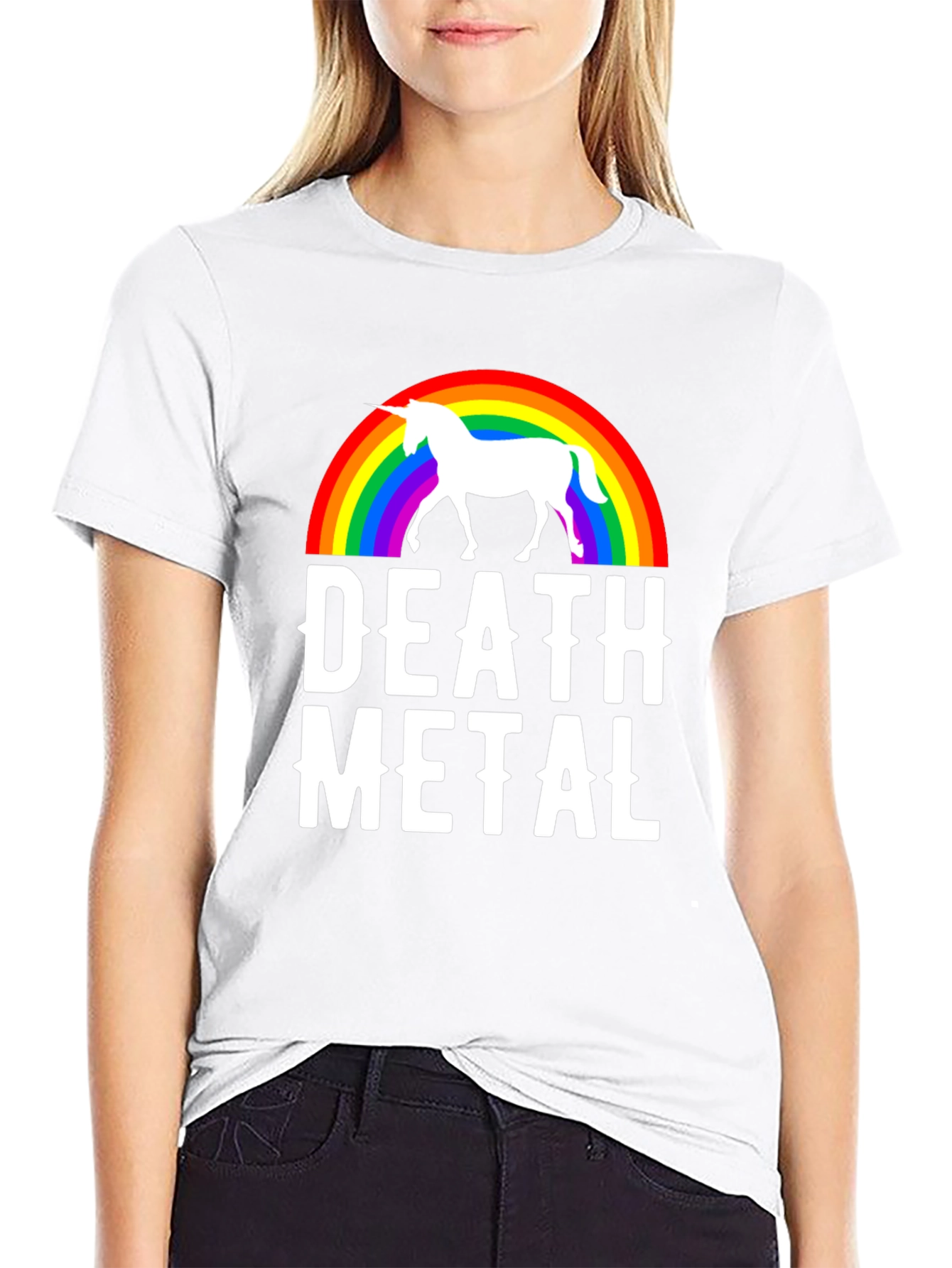 Black Death Metal Unicorn Rainbow T-Shirt - Black Cotton Tee view 9
