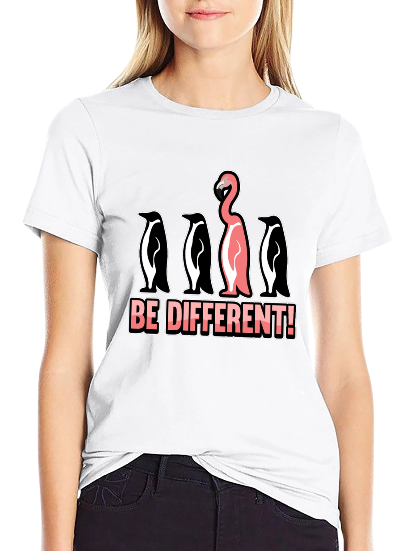 Black Be Different T-Shirt Flamingo Penguin Graphic Novelty Tee view 9