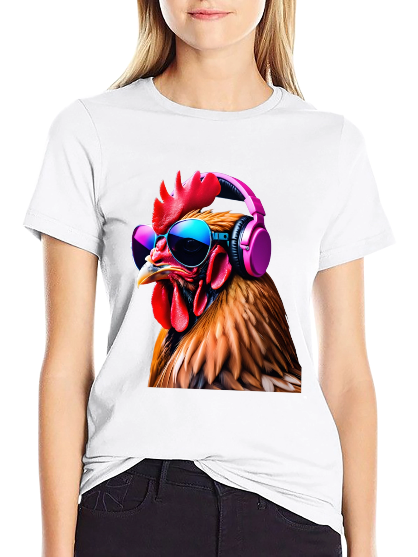Black Cool Chicken T-Shirt with Headphones and Sunglasses view 9