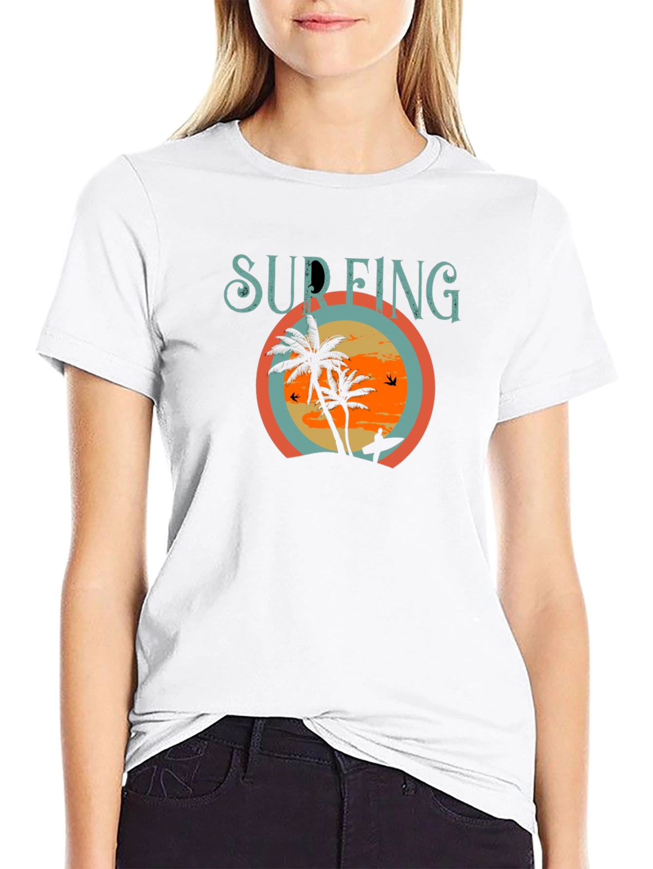 Black Surfing Palm Tree Graphic Tee - Black Cotton T-Shirt view 9