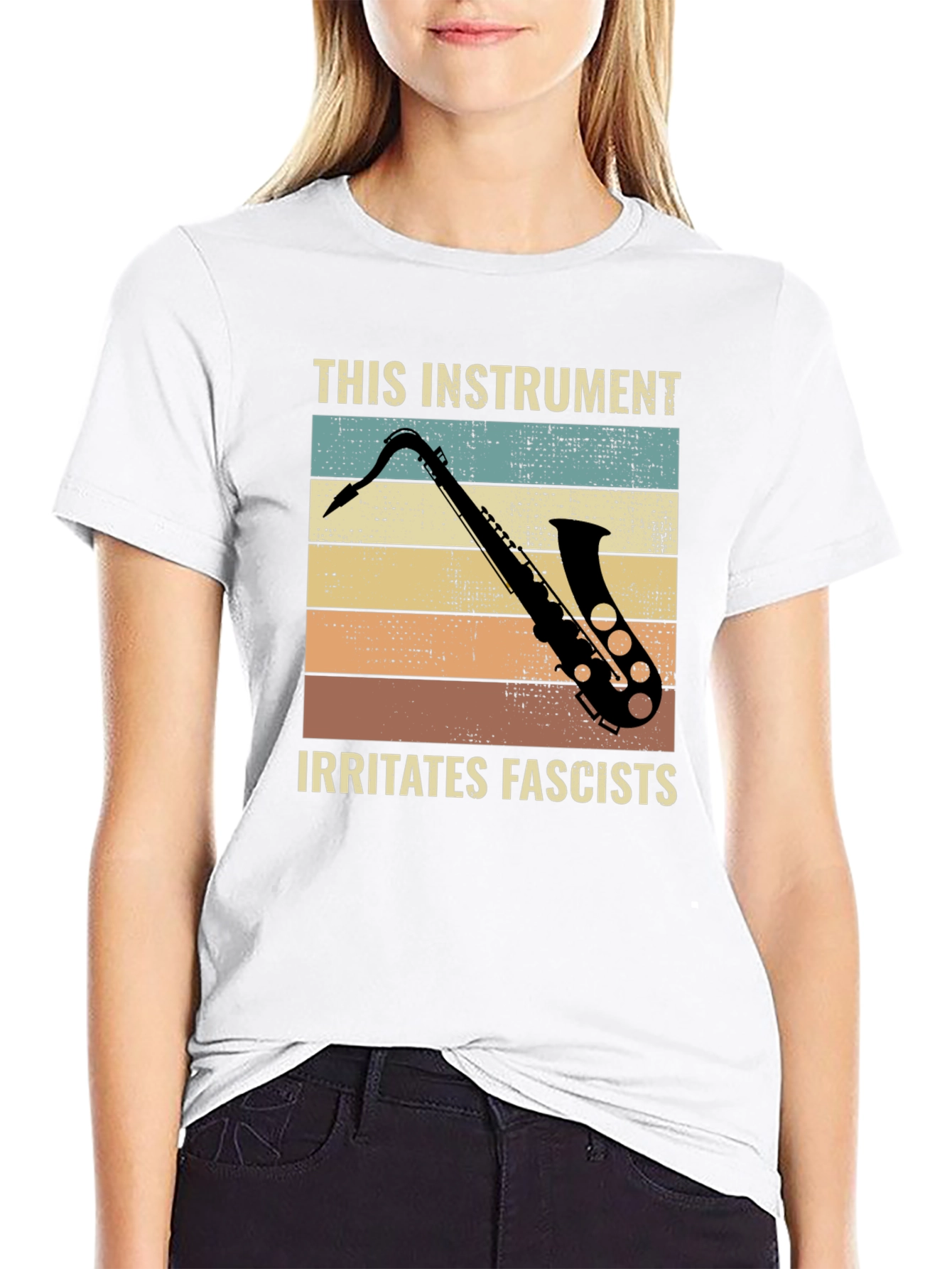 Black Saxophone Irritates Fascists Graphic Tee view 9