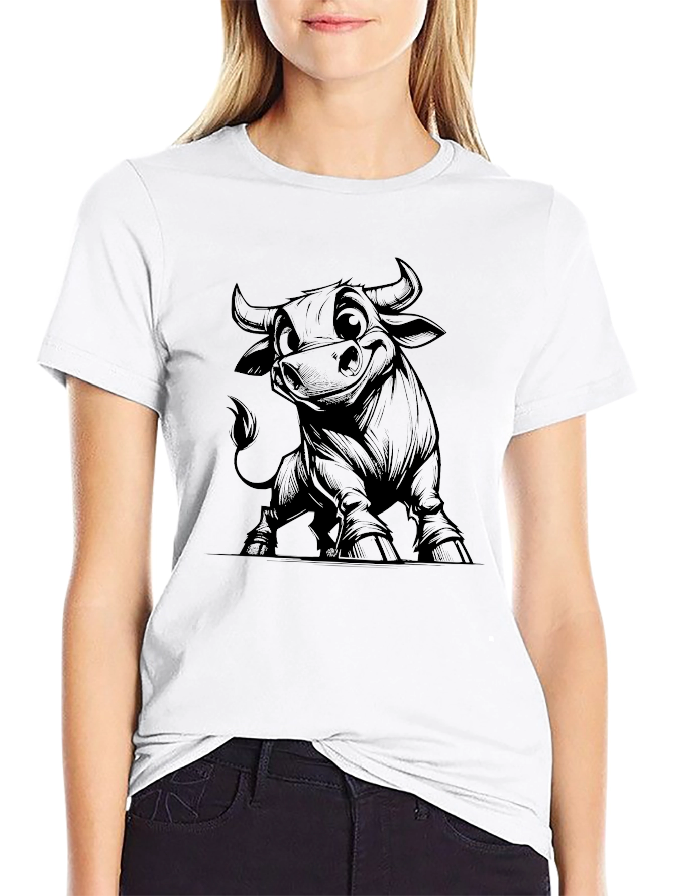 Black Cartoon Bull Graphic Tee - Black Cotton Blend view 9