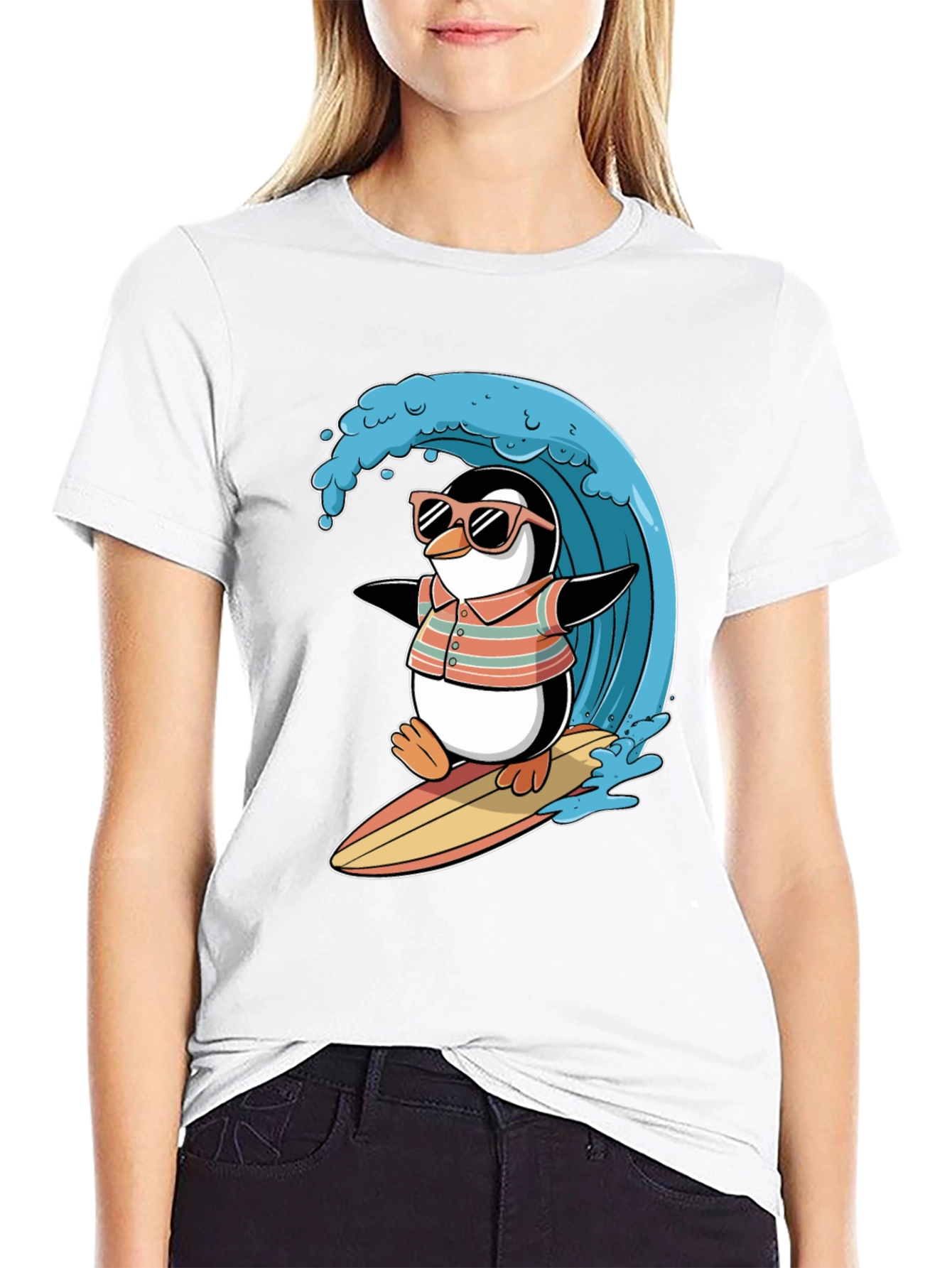 Black Surfing Penguin Graphic Tee view 9