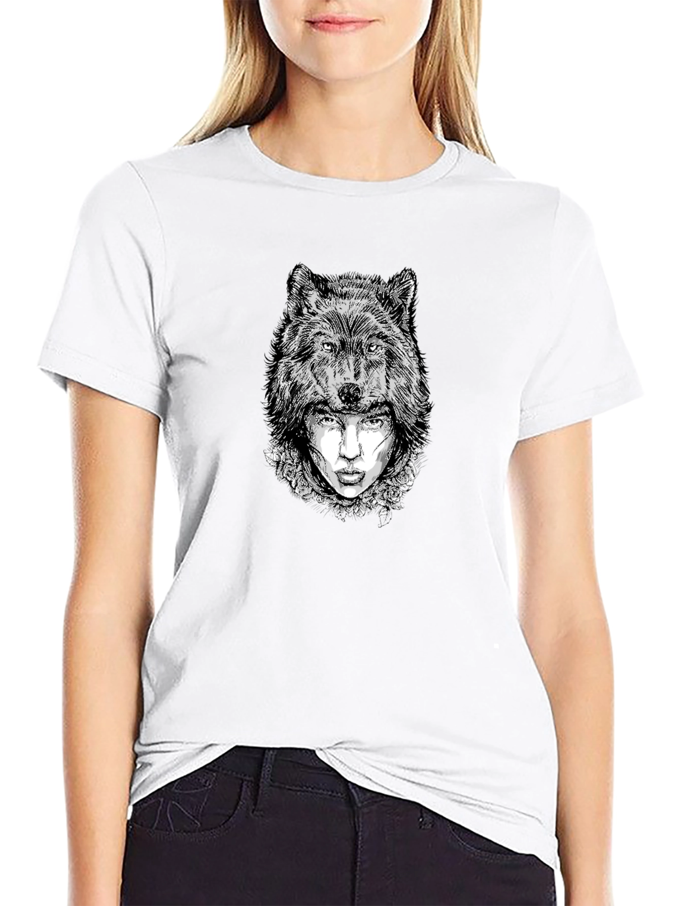Black Wolf Woman Graphic Tee - Black Cotton Blend view 9