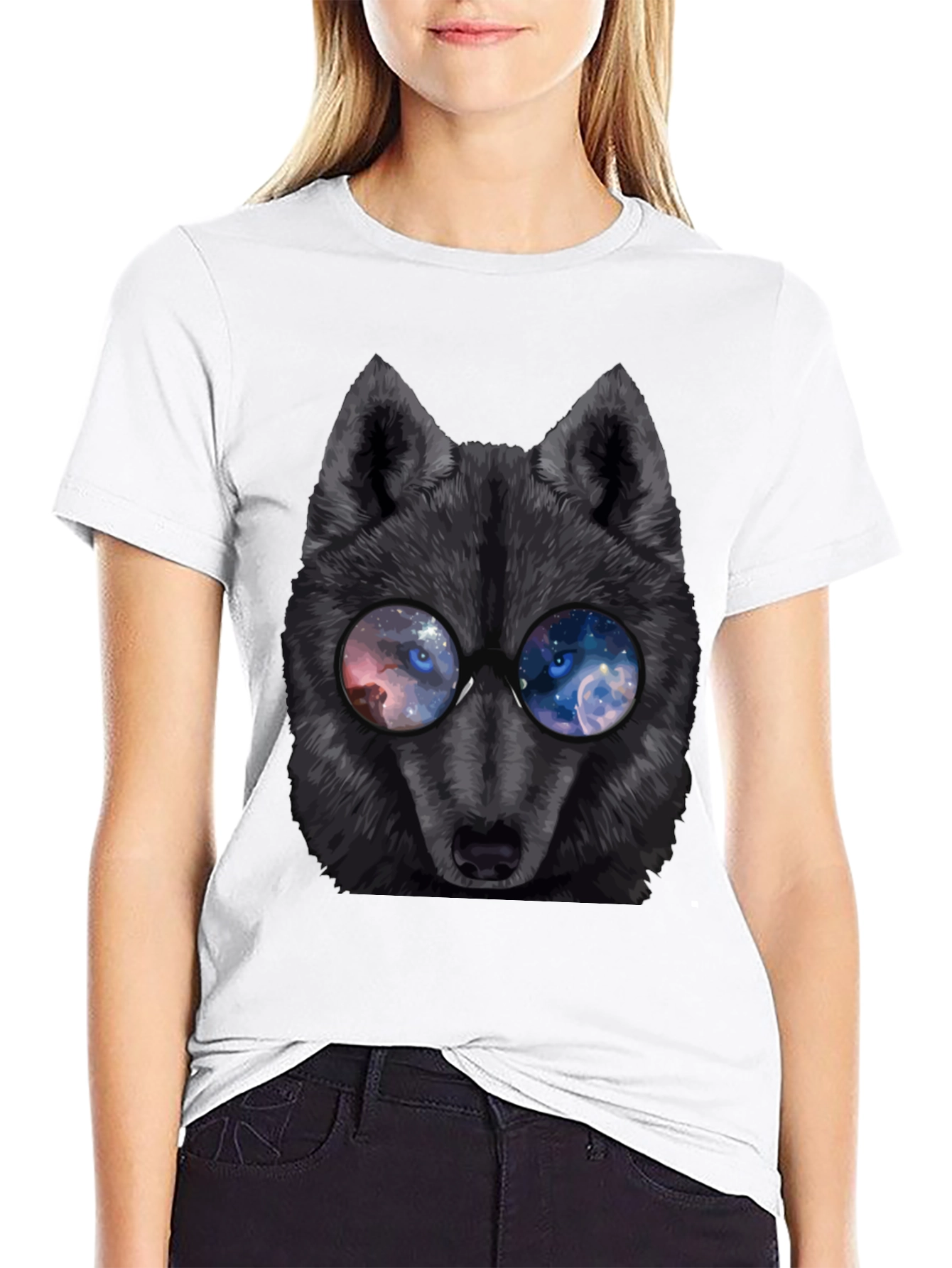 Black Cool Wolf with Galaxy Glasses T-Shirt view 9