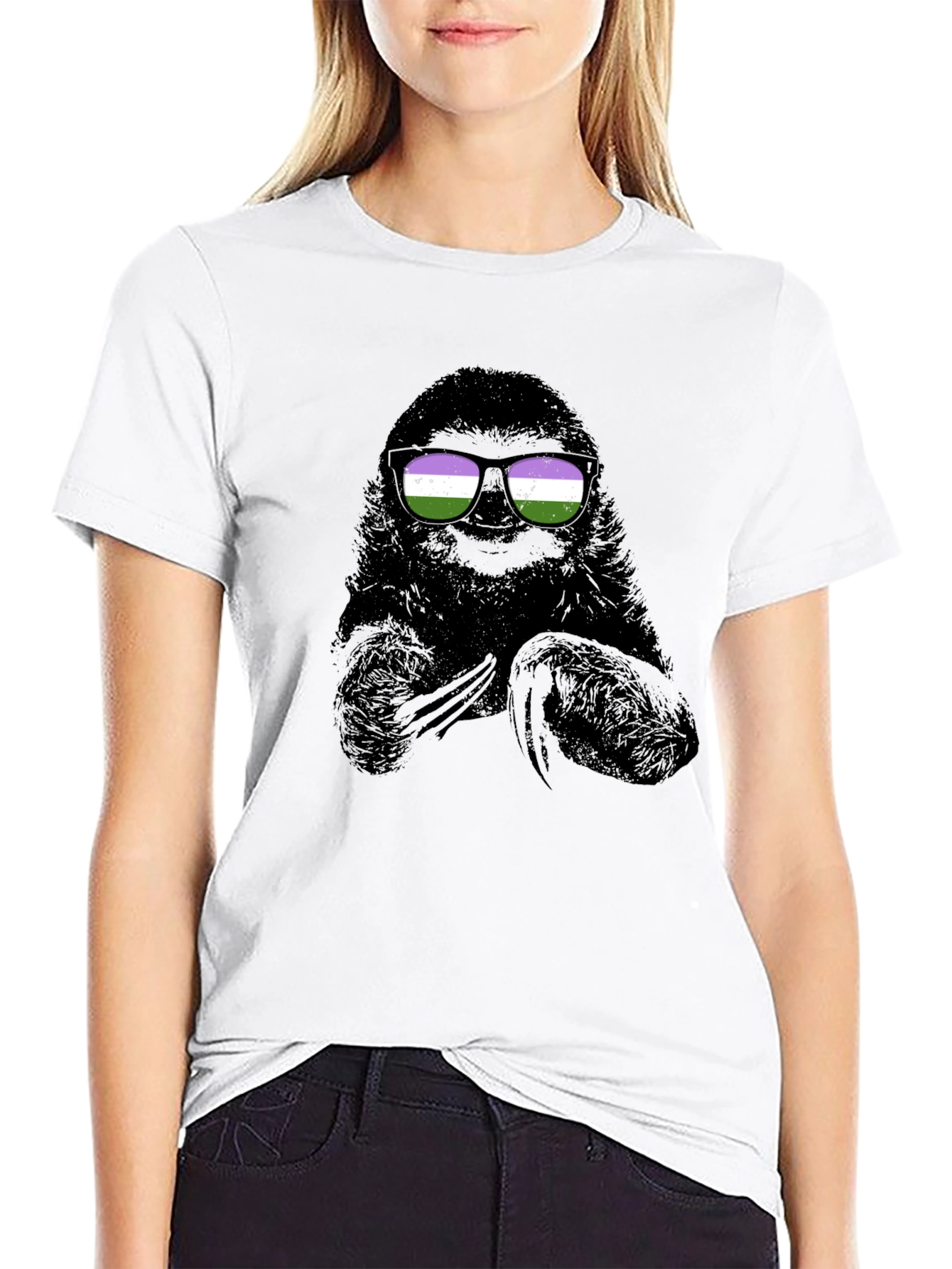 Black Sloth Wearing Genderqueer Pride Sunglasses T-Shirt view 9