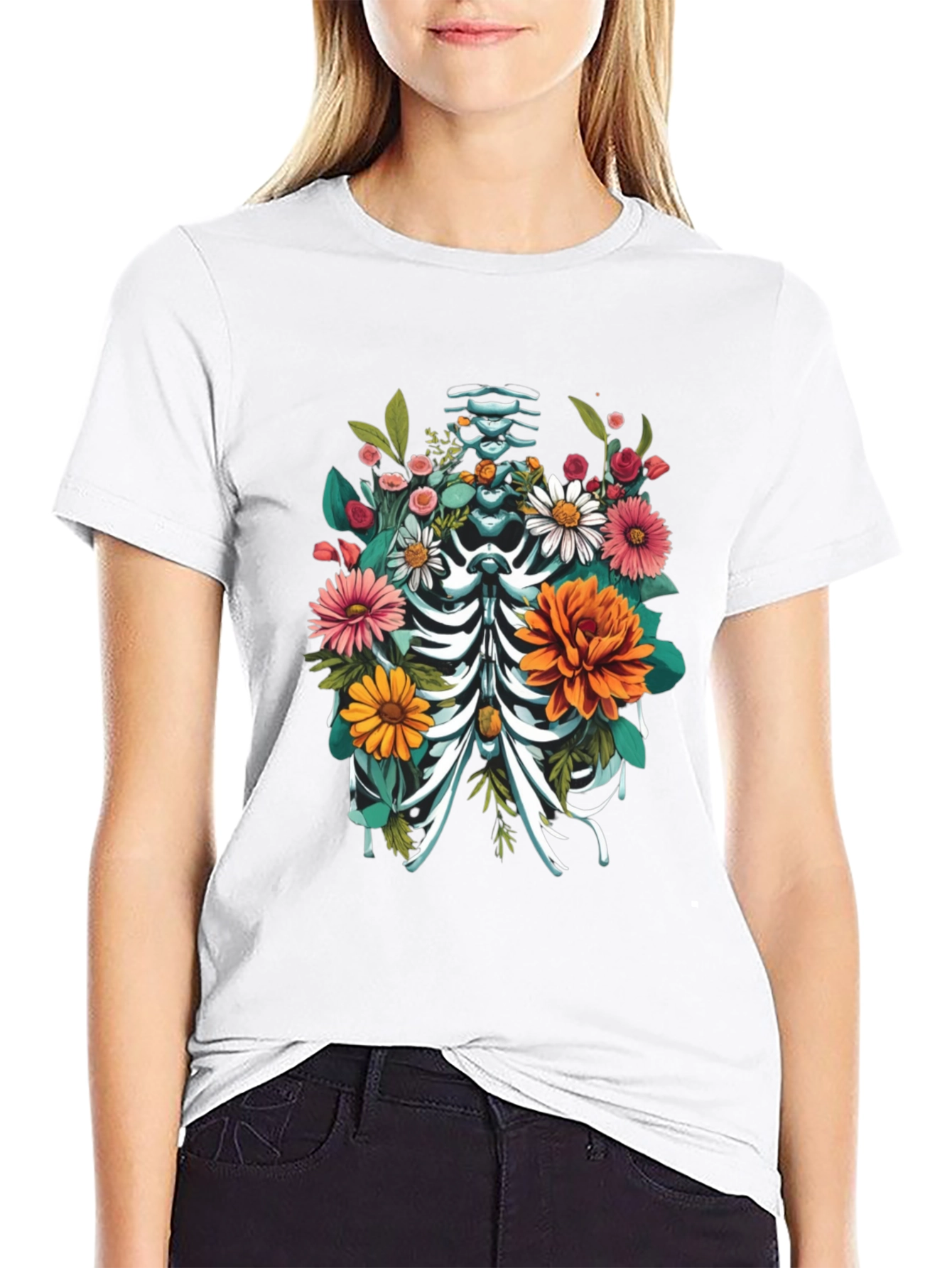Black Floral Skeleton Rib Cage Graphic T-Shirt view 9