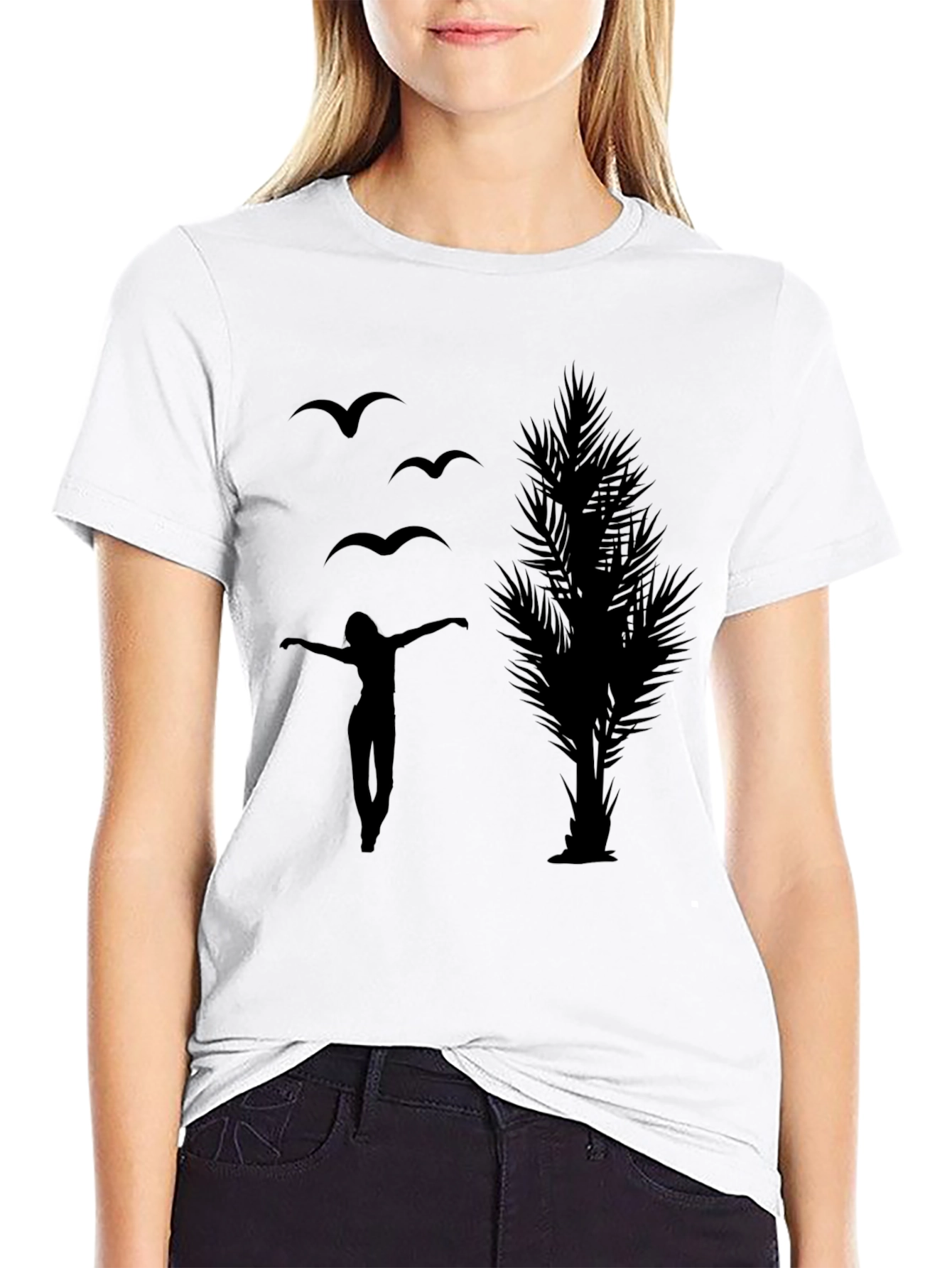 Black Silhouette Graphic Tee - Birds, Woman, Tree view 9