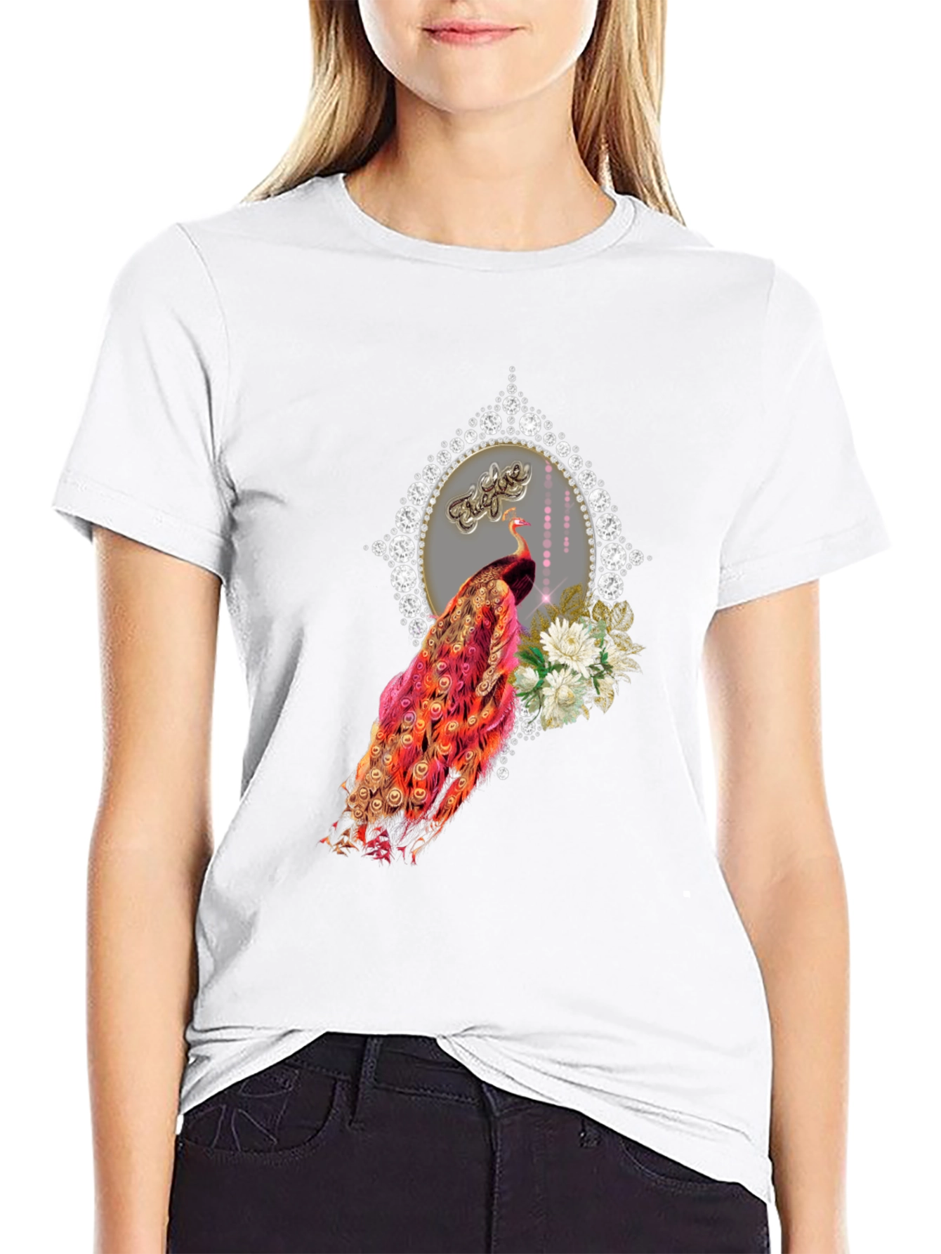 Elegant Peacock Graphic Tee - Diamond Frame - 9