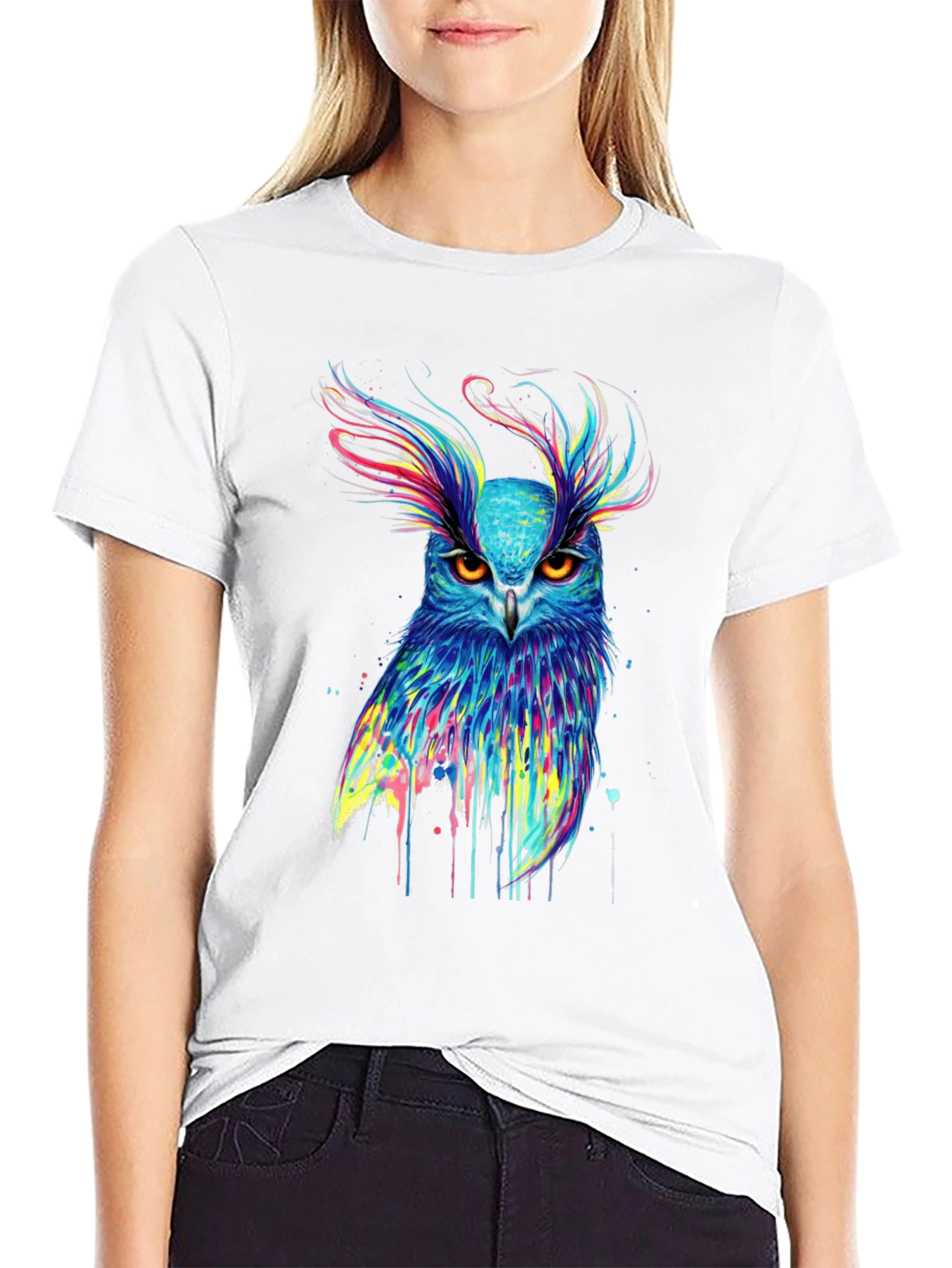 Black Colorful Owl Graphic Print Black T-Shirt view 9