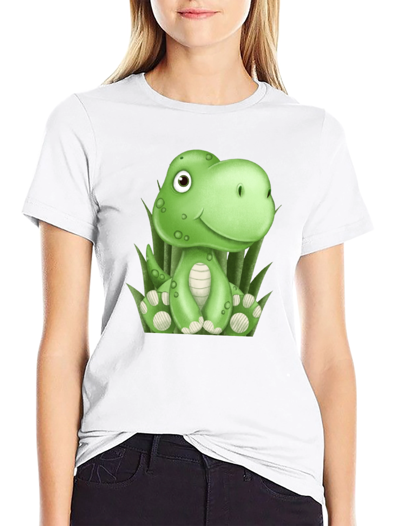 Black Cute Cartoon Dinosaur Black T-Shirt view 9