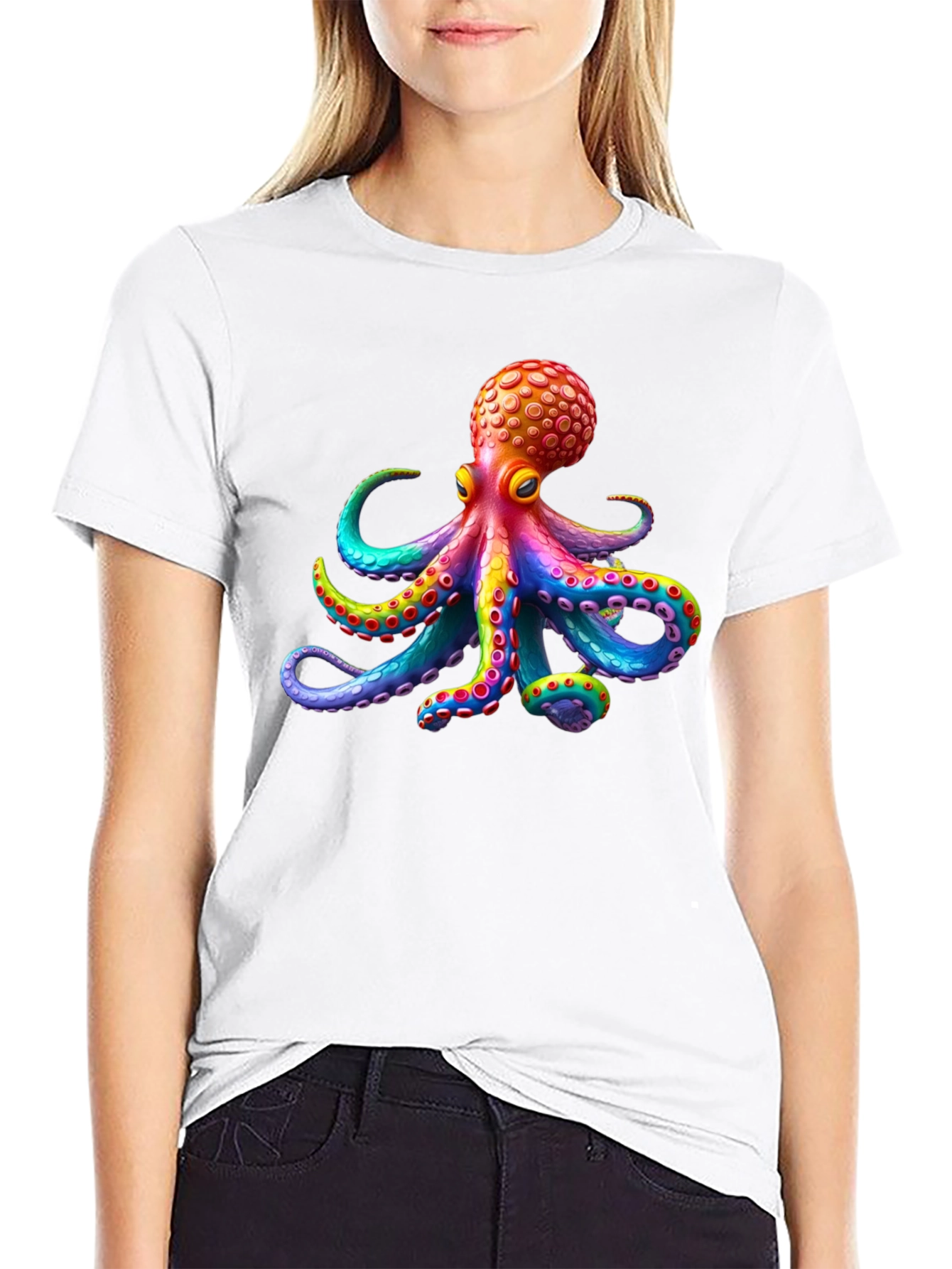 Black Rainbow Octopus Graphic Tee - Black Cotton T-Shirt view 9