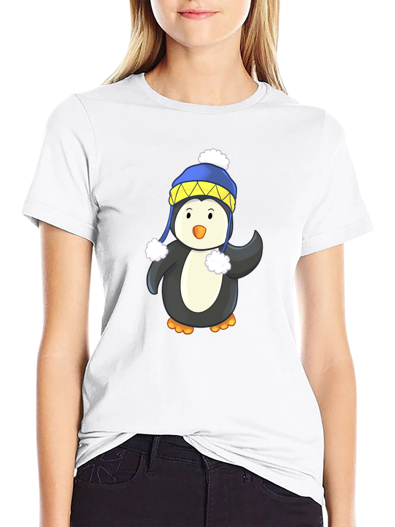 Black Penguin with Winter Hat Black T-Shirt view 9