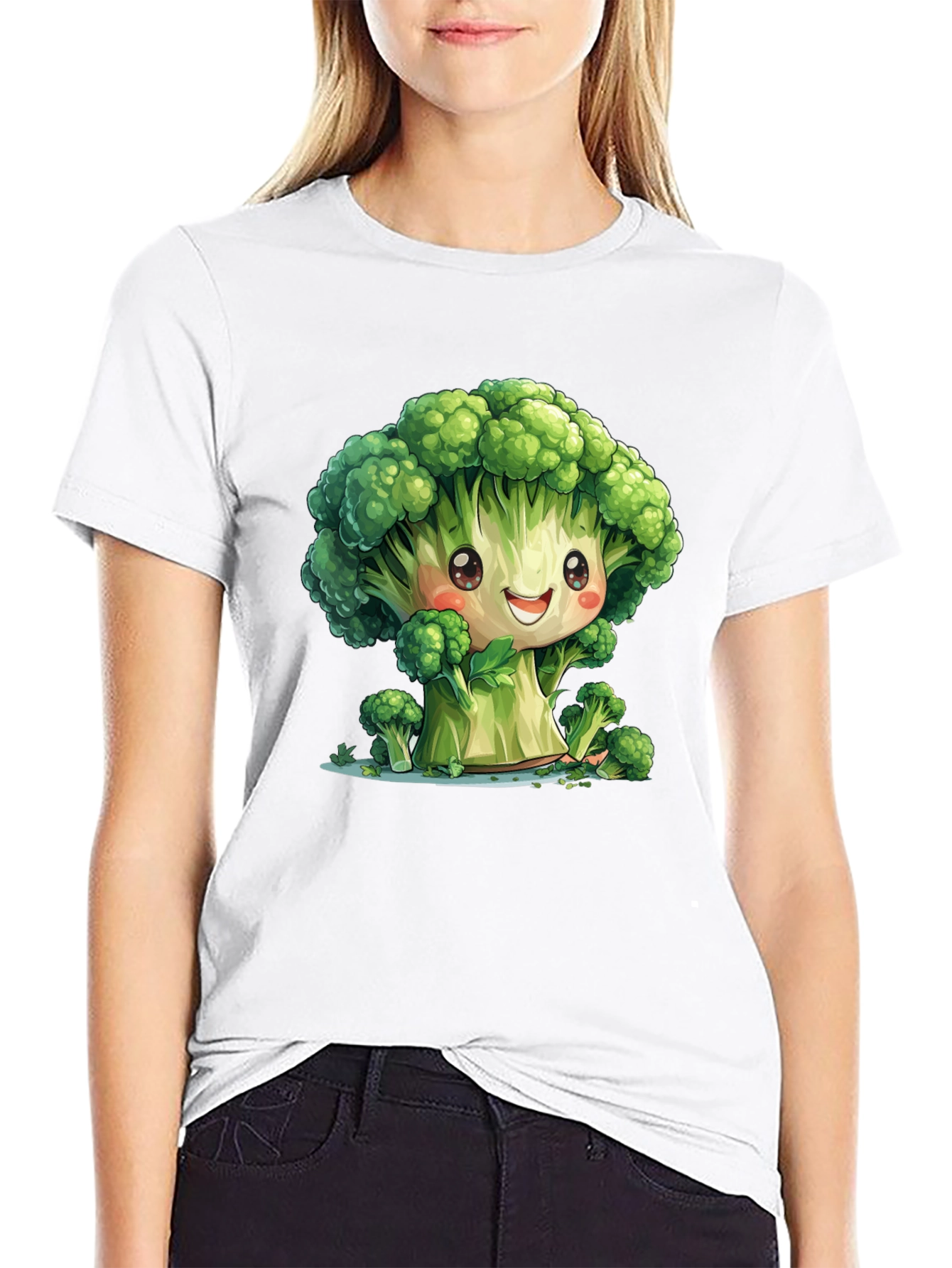 Black Cute Broccoli Cartoon Black T-Shirt view 9