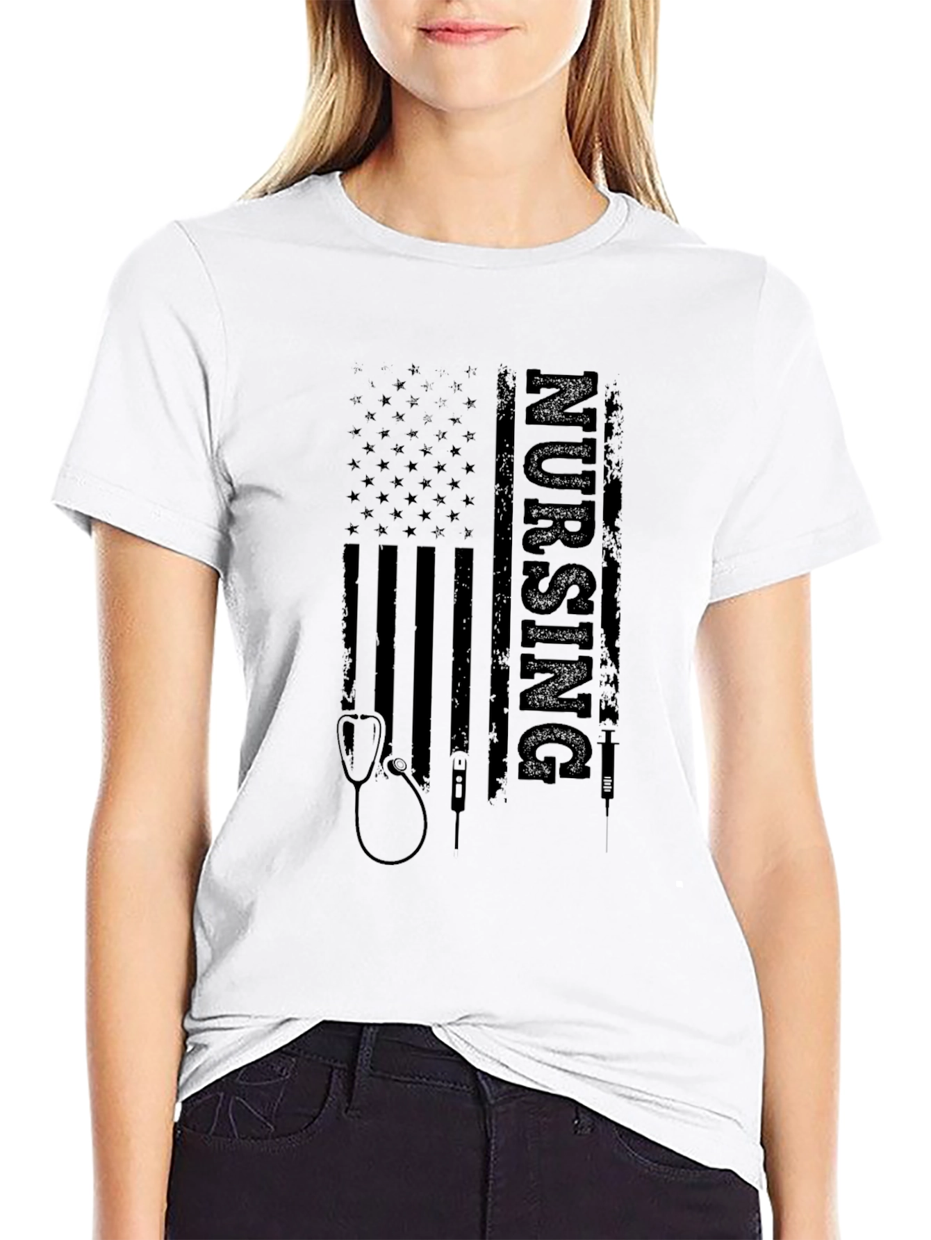 Black Nursing American Flag Graphic Tee view 9