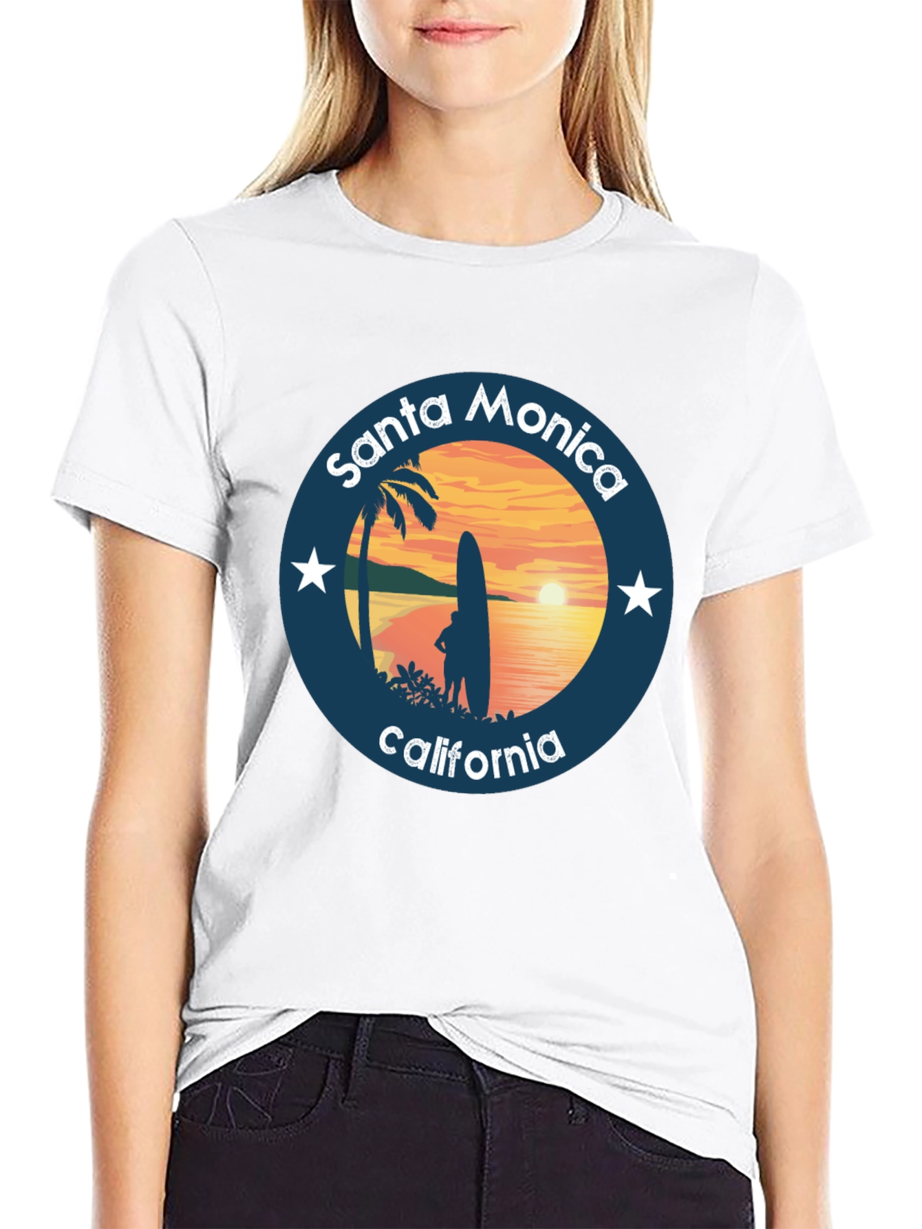 Black Santa Monica California T-Shirt Surfer Design view 9