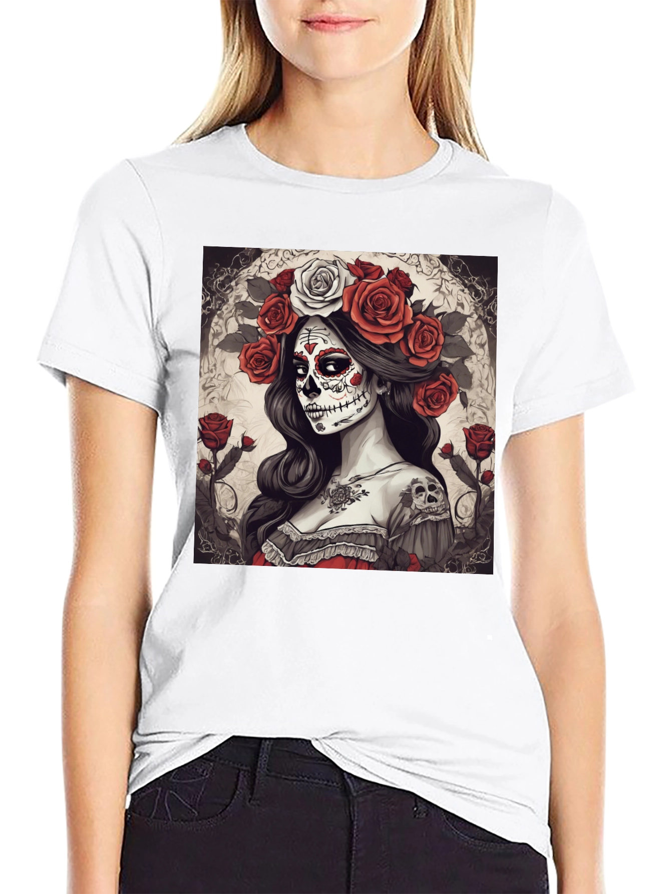 Black Day of the Dead Woman Graphic T-Shirt view 9