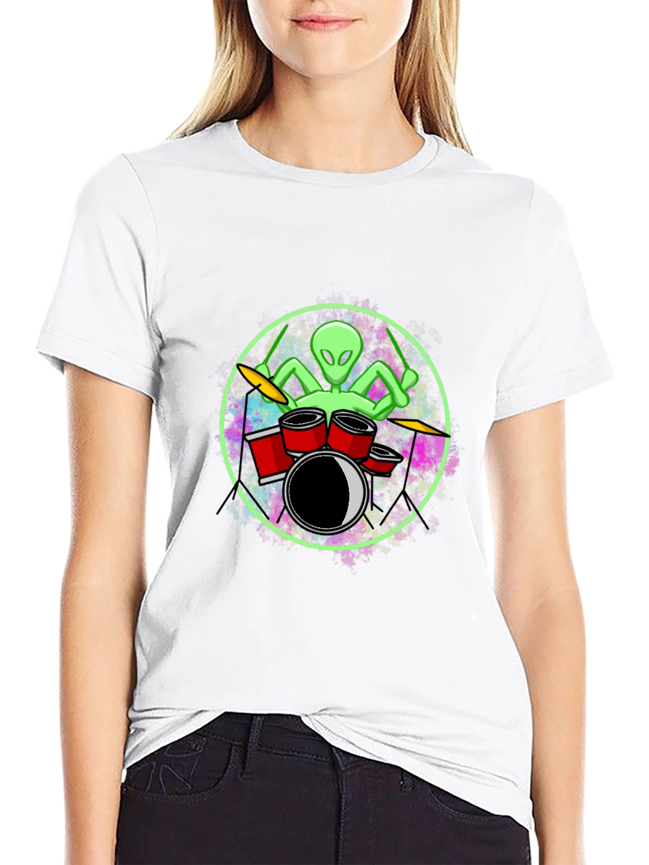 Black Alien Drummer Graphic Tee - Black Cotton T-Shirt view 9
