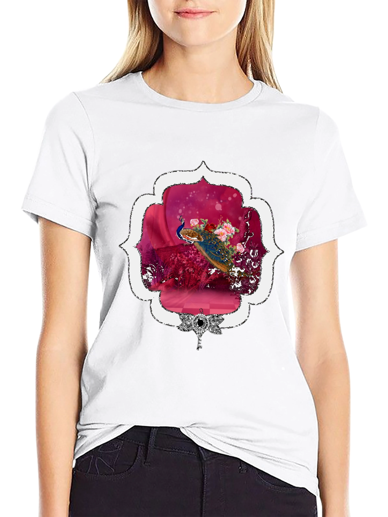 Black Floral Peacock Graphic Tee - Stylish & Unique view 9